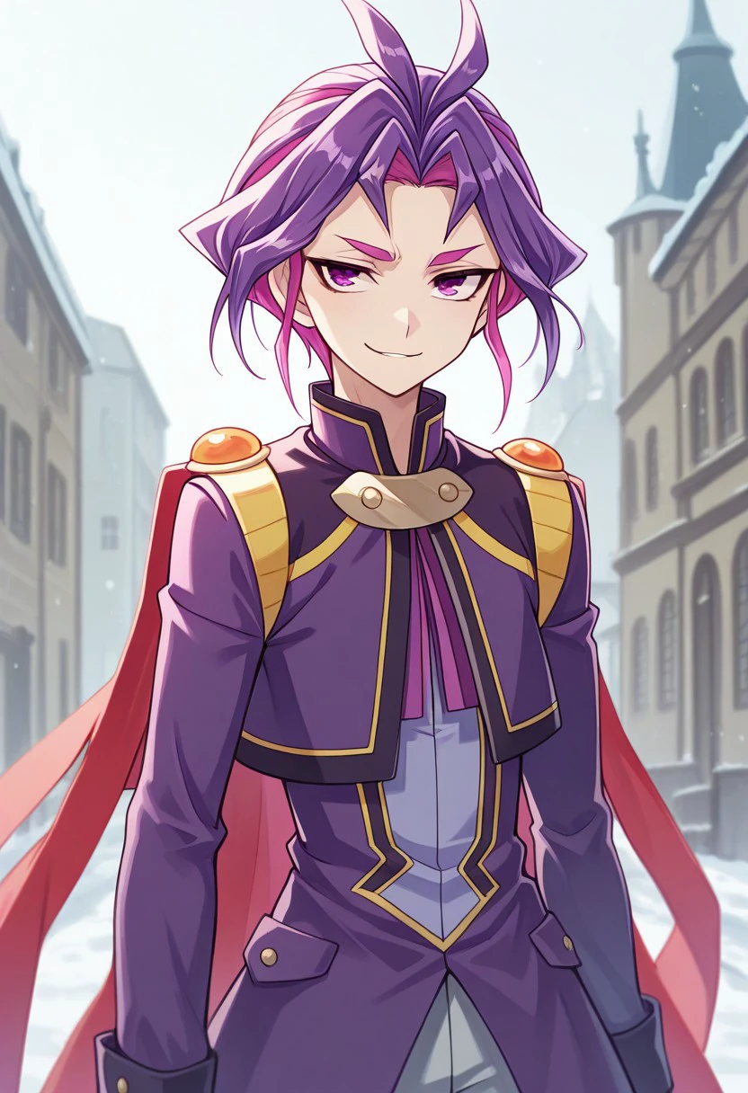 masterpiece, best quality, 
yuri_arc, 1boy, male focus, solo, purple eyes, multicolored hair, two-tone hair,  antenna hair, purple hair, pink hair, shirt, purple shirt, coat, purple coat, long sleeves, cape, red cape,  smirk
outdoor,