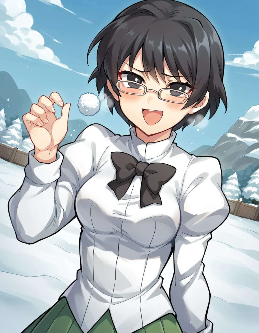 score_9, score_8_up, score_7_up, source_anime, <lora:shizune-hakamichi-ingame-ponyxl-lora-nochekaiser:1>, shizune hakamichi, short hair, black hair, glasses, black eyes, medium breasts,, shirt, long sleeves, bow, school uniform, white shirt, pleated skirt, puffy sleeves, bowtie, black bow, juliet sleeves, green skirt, black bowtie, snow day, winter clothes, snowball fight, laughter, cold breath, white landscape, smile, <lora:pov-bullying-ponyxl-lora-nochekaiser:1> pov bullying, teasing, smug, bullying, laughing, open mouth, blush, hand up, cowboy shot,, looking at viewer, solo,, dutch angle, cowboy shot