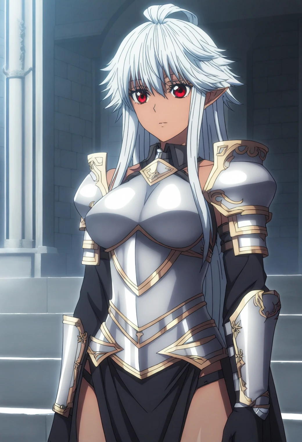 <lora:Reanette Elfelt - [Shinmai Ossan Boukensha] - illustriousXL v1:1>, sysdeep_reanette, white hair, red eyes, solo, ornate armor, forgotten temple, ancient carvings, mysterious atmosphere