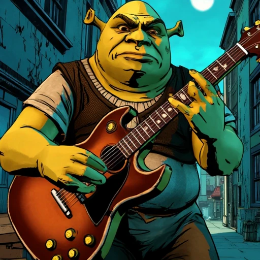 Digital ilustration in style of wolfAMONGUS1style of Shrek playing on a eletrctic guitar