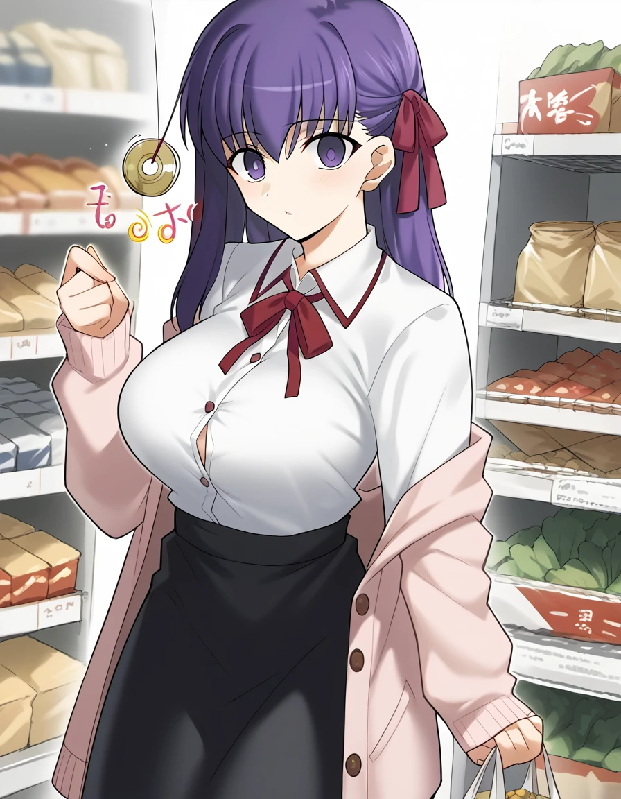 score_9, score_8_up, score_7_up, source_anime, <lora:sakura-matou-ingame-ponyxl-lora-nochekaiser:1>, sakura matou, long hair, purple eyes, purple hair, ribbon, hair ribbon, red ribbon, large breasts,, shirt, white shirt, cardigan, pink cardigan, long sleeves, skirt, black skirt, long skirt, supermarket, aisles, shopping, food, shelves, , <lora:pendulum-ponyxl-lora-nochekaiser:1>, pendulum, holed coin, coin on string, hypnosis, mind control, coin, @ @,, looking at viewer, solo,, dutch angle, cowboy shot