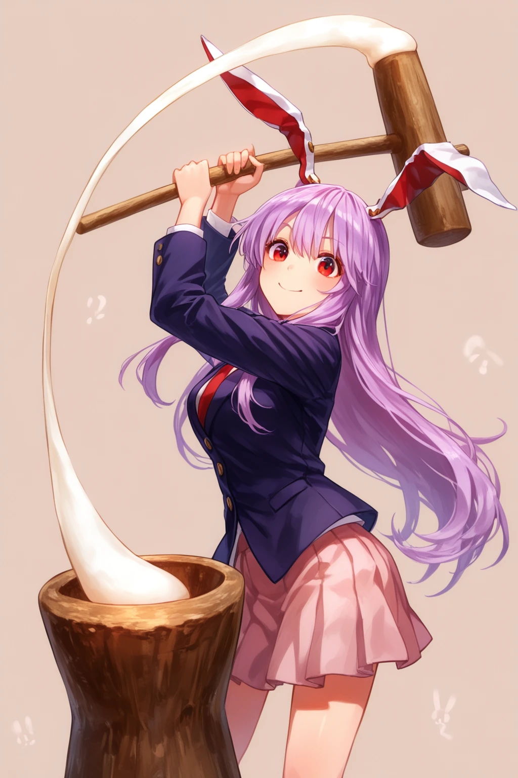 masterpiece, best quality, absurdres, safe
1girl, reisen udongein inaba, mochitsuki, mochi trail, mochi, holding kine, mallet, mortar \(bowl\), smile, (simple background:1.1)
<lora:mochitsuki_il_d16:1>