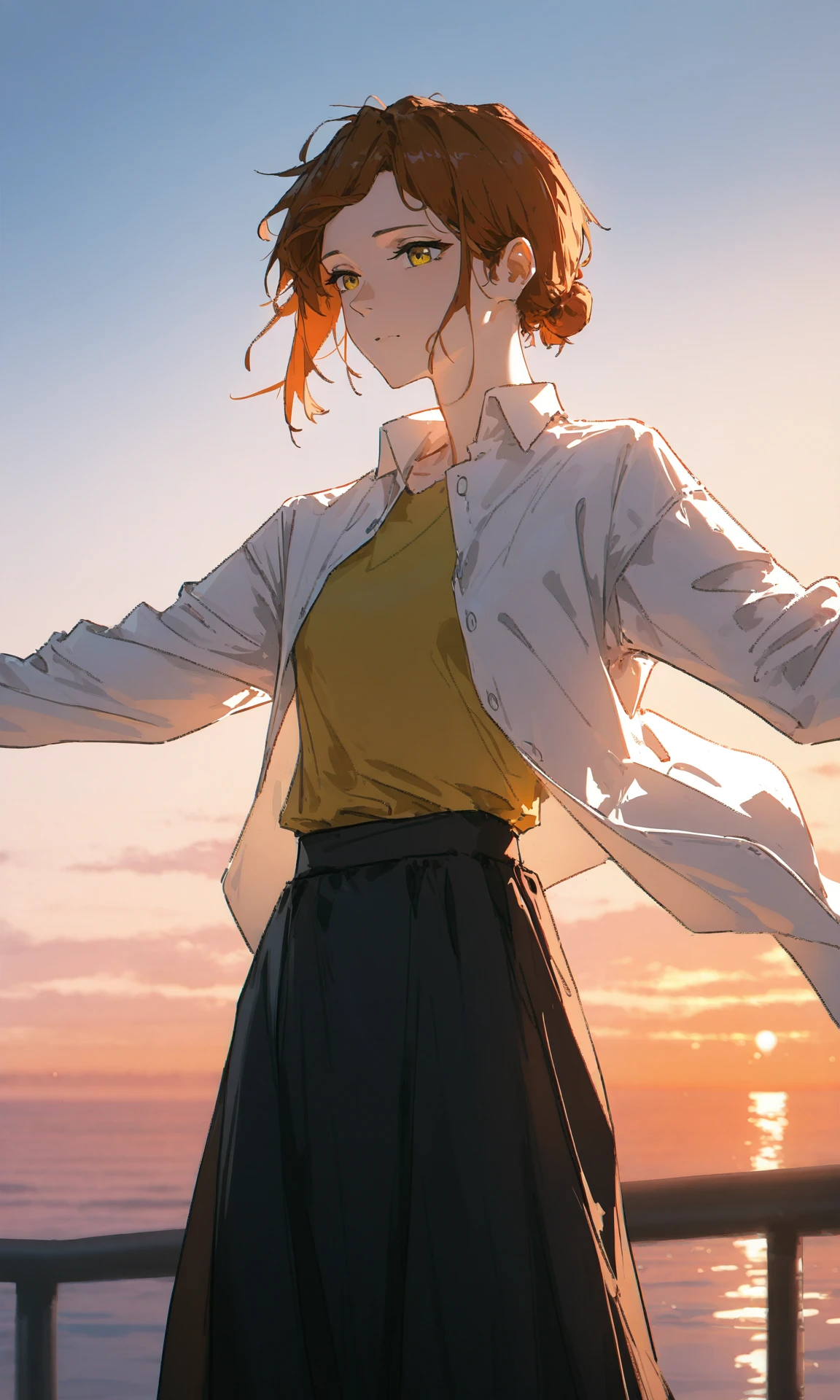 mvirma, 1girl, solo, yellow eyes, brown hair, single hair bun, sidelocks, white shirt, yellow shirt, collared shirt, open shirt, black skirt, long skirt, interior, railing, sea, sky, evening, wind, spread arms, (masterpiece, best quality:1.0), newest, recent, dino \(dinoartforame\), (very awa:1.0), year 2023, year 2024, highres,absurdres