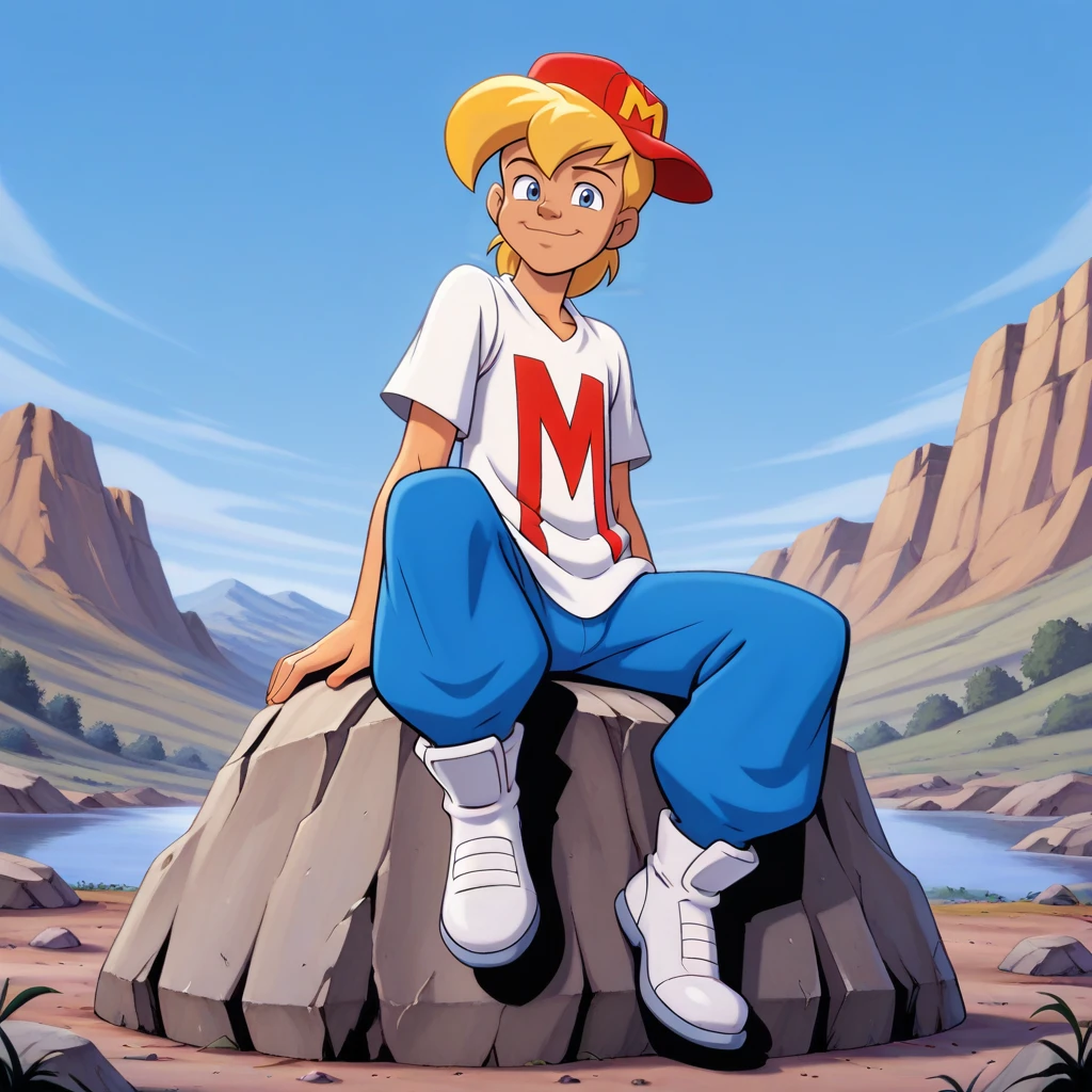 masterpiece, best quality, MightyMax, 1boy, solo, blonde hair, blue eyes, red hat, loose shirt, blue pants, white shoes, sitting on rock,  <lora:MAX_MightyMax_illustrious_Leaf3:1>,  outdoors, blue sky, smile, 2000s \(style\),