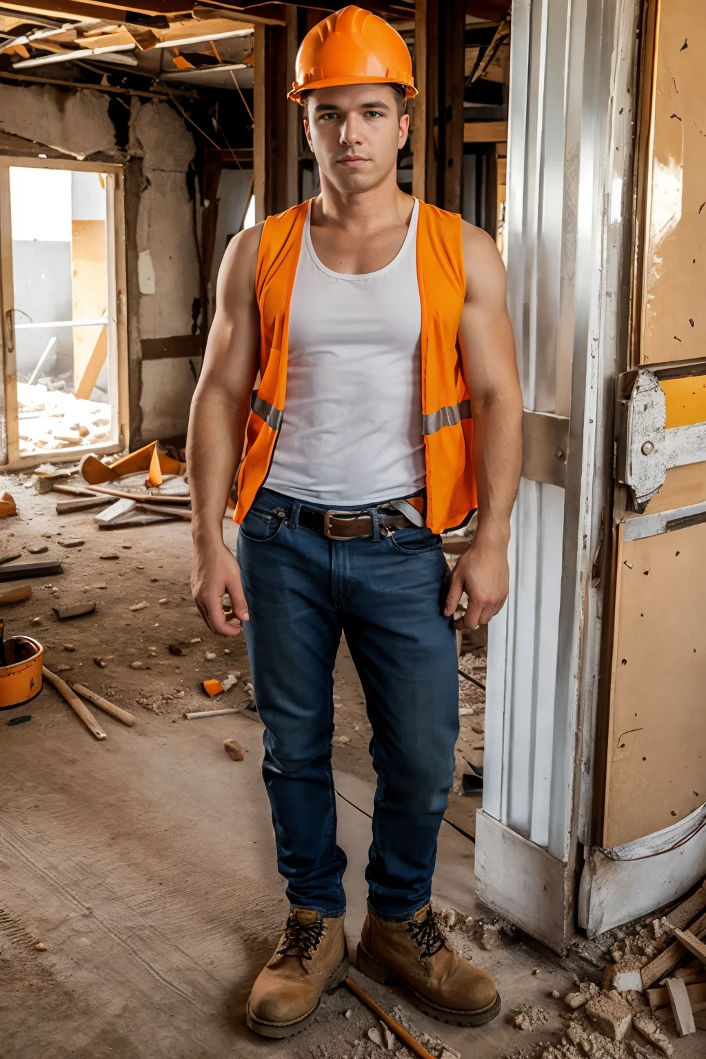 inside building under demolition, standing, MaverickSun, constructionworker, wearing (white tank top:1.3), (orange vest:1.3) BREAK blue denim work jeans, work boots, hard hat, (((full body portrait))), wide angle  <lora:Clothing - Sexy Construction Worker:0.5> <lora:MaverickSun:0.8>