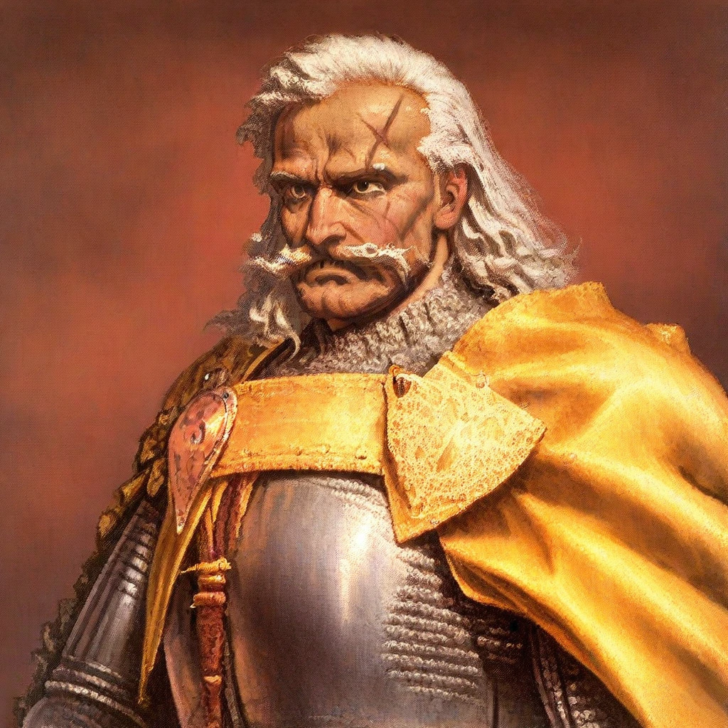 JanMatejkoStyle-IL.V1.0, oil painting, traditional media, classic media, 1boy, dark-skinned male, white hair, facial hair, mustache, white hair, scar, scars on face, armor, knight,