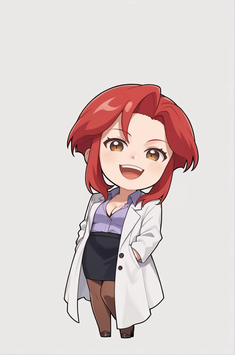 <lora:MidouRyouko-09:1> MidouRyouko, RyoukoLab, black skirt, solo, pencil skirt, pantyhose, red hair, white labcoat, miniskirt, short hair, cleavage, long sleeves, brown pantyhose, brown eyes, oekaki, purple shirt, makeup, standing, breasts BREAK  <lora:STYLETotatokekeNSLT:1> totatokeke, chibi, full body, simple background, white background, looking at viewer, laughing, bouncing, hands in pockets,, 8k, masterpiece, absurdes, highly detailed, highres, high quality, best quality, score_9, score_8_up, score_7_up, score_6_up