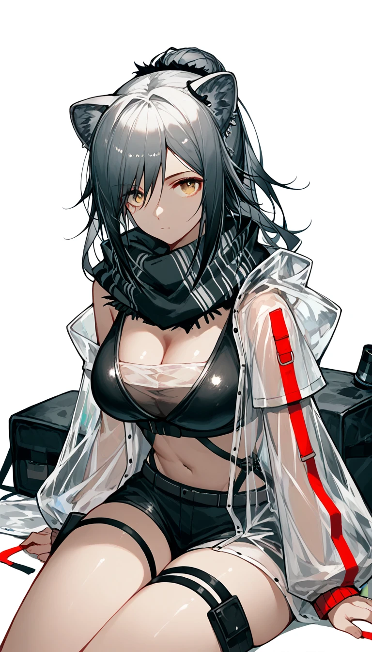 1girl, anime style, detailed, 8k, high quality, A female faunus character with clouded leopard traits. She has an athletic, hourglass figure. Long black hair with white tips tied in a ponytail, amber eyes, and visible leopard ears. She wears a black bodysuit with white leopard spots, a white cropped hoodie with black leopard spots ending above the waistline, black jeans, and combat boots. Her outfit includes arm guards, outer thigh guards, shin guards, and fingerless gloves. A belt rests on her hips, with a pouch on her right thigh. Her expression is calm and somewhat guarded.