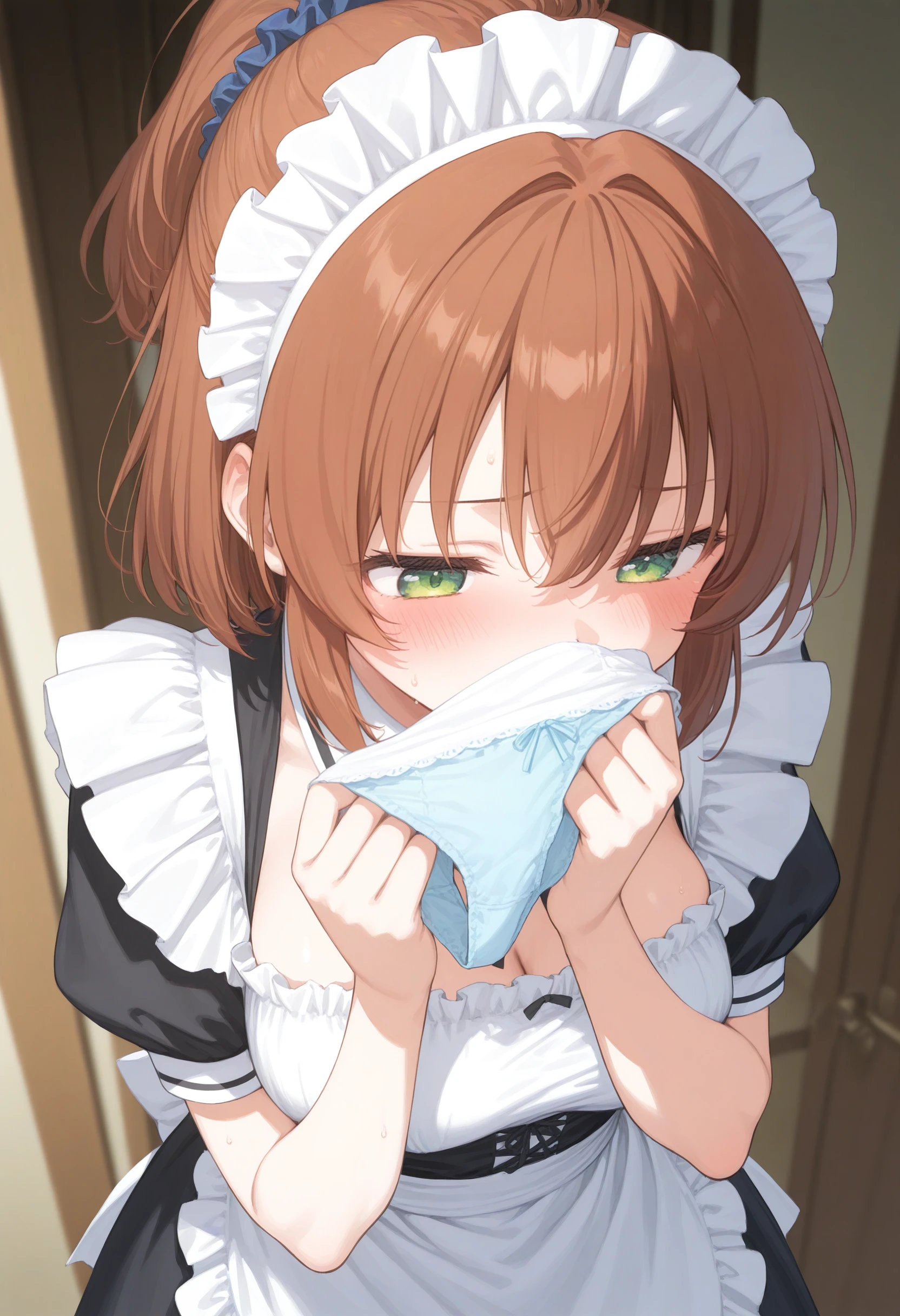 1girl,(sho \(sho lwlw\):0.7),(toosaka asagi:0.5),(sincos:0.3),solo,
masterpiece, best quality, newest, absurdres, CG, anime, source anime, illustration,
maid, maid headdress,medium breasts,
kunka, blush, smelling clothes, smelling, covering mouth, indoors,  <lora:kunka_Illust_v1:0.8>
from above, cinematic angle, looking down, brown hair, green eyes,gloom \(expression\), parted lips, topknot hair,