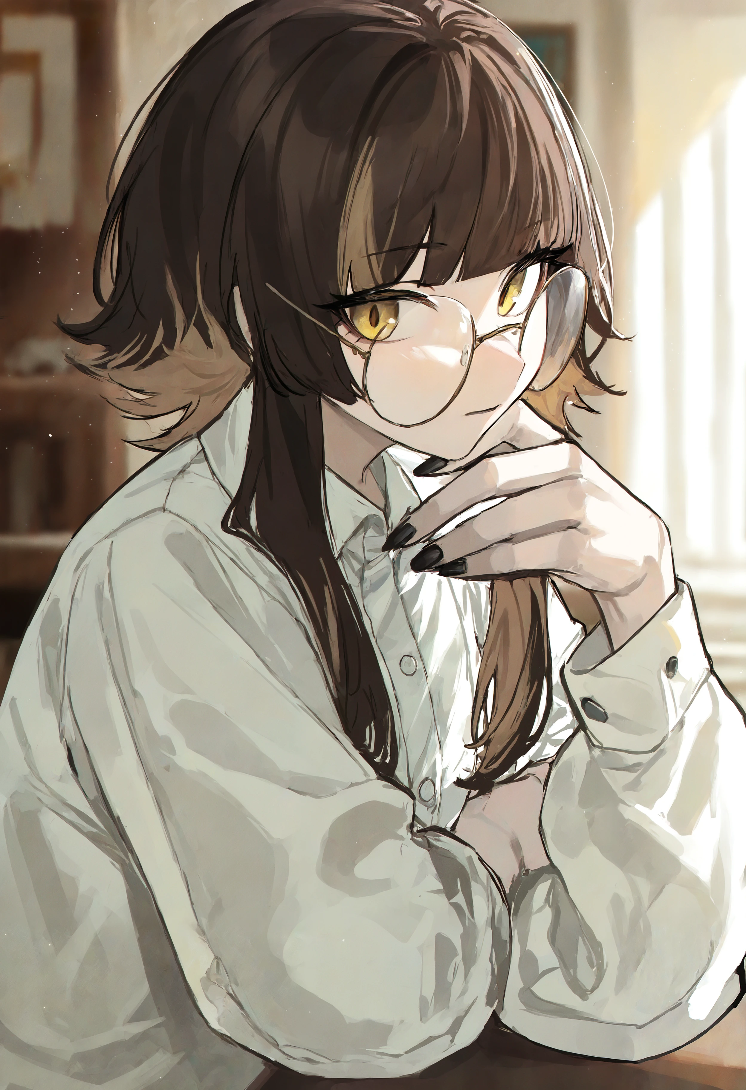 masterpiece, highres, absurdres, newest, very awa, depth of field, blurry background, face focus, light particles,   1girl, solo, yellow eyes, brown hair, side locks, blunt bangs, two-tone hair, black nails, round eyewear, white dress shirt, hand on own chin, arm support, looking at viewer,  sunlight, indoors, from side,  <lora:spo_sdxl_10ep_4k-data_lora_webui>,  <lora:NOOB_EPSv1_1_detailer_by_vlnvk_v1_0:0.5>, <lora:illustrious_noobai_epsilon_pred_1_best_quality_v1:0.8>, <lora:walkingboring:0.8>