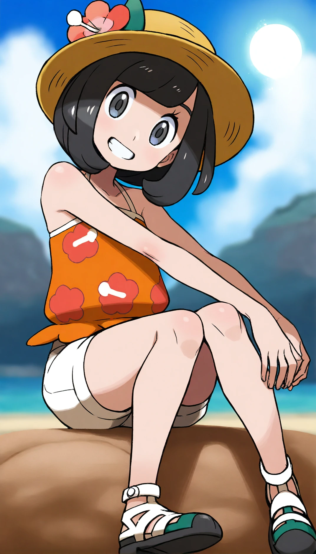 masterpiece,best quality,amazing quality,
<lora:seleneIL:1>,
eneles,
1girl,solo,
black hair,short hair,bangs,grey eyes,
grey eyes,looking at viewer,grin,head tilt,
straw hat with flower decoration,orange camisole,floral print,white shorts,sandals,
sitting,
blurry background,blue sky,sun,cloud,vignetting,outdoors,beach,days,light particles,