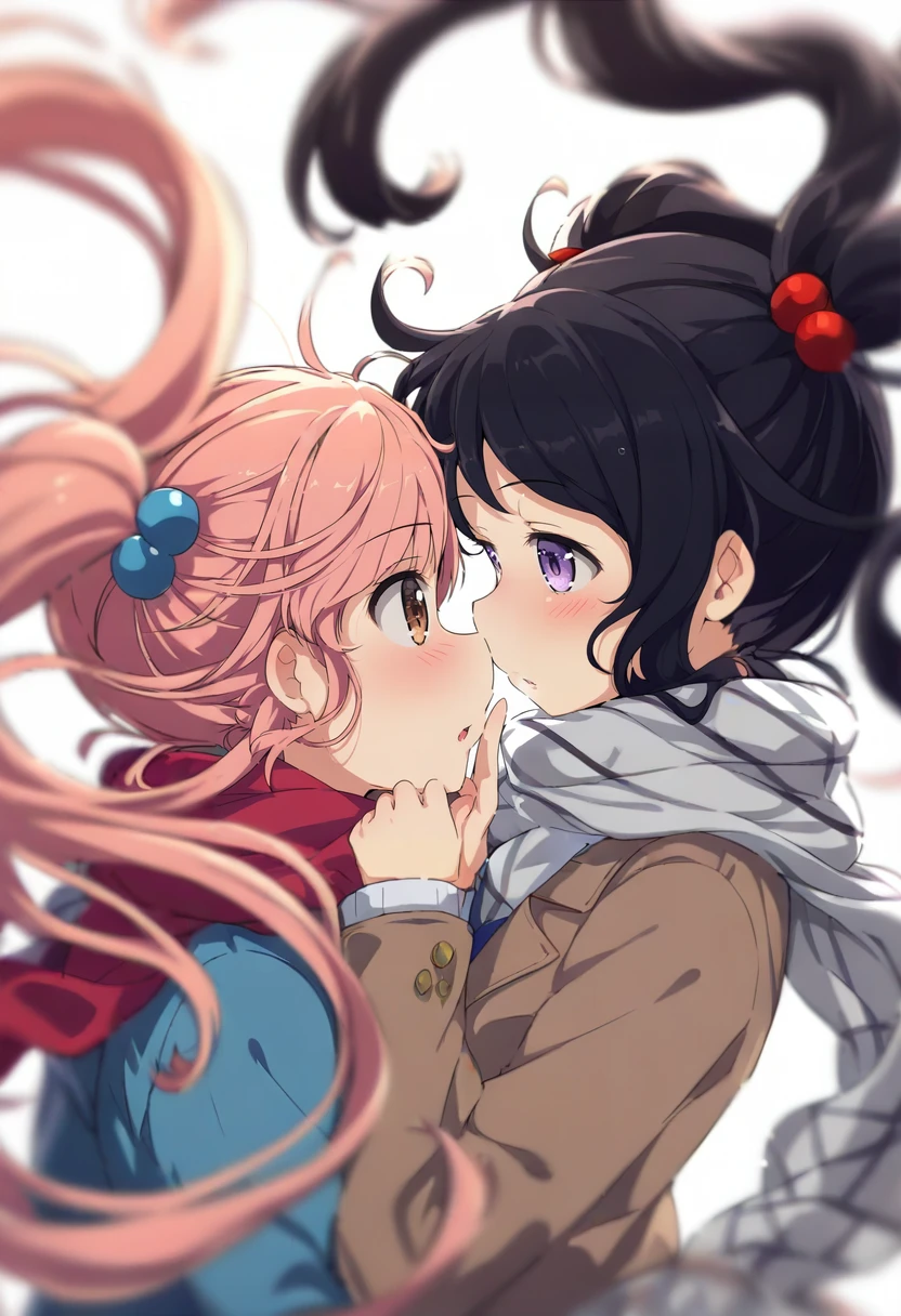 multiple girls, 2girls, yuri, looking at another, long hair, scarf, blush, eye contact, black hair, pink hair, face-to-face, hair ornament, imminent kiss, parted lips, hair bobbles, upper body, brown eyes, depth of field, floating hair, blurry, purple eyes, school uniform, jacket, long sleeves, twintails, bangs <lora:ogipoteXL_il_lokr_V5311P:0.95>