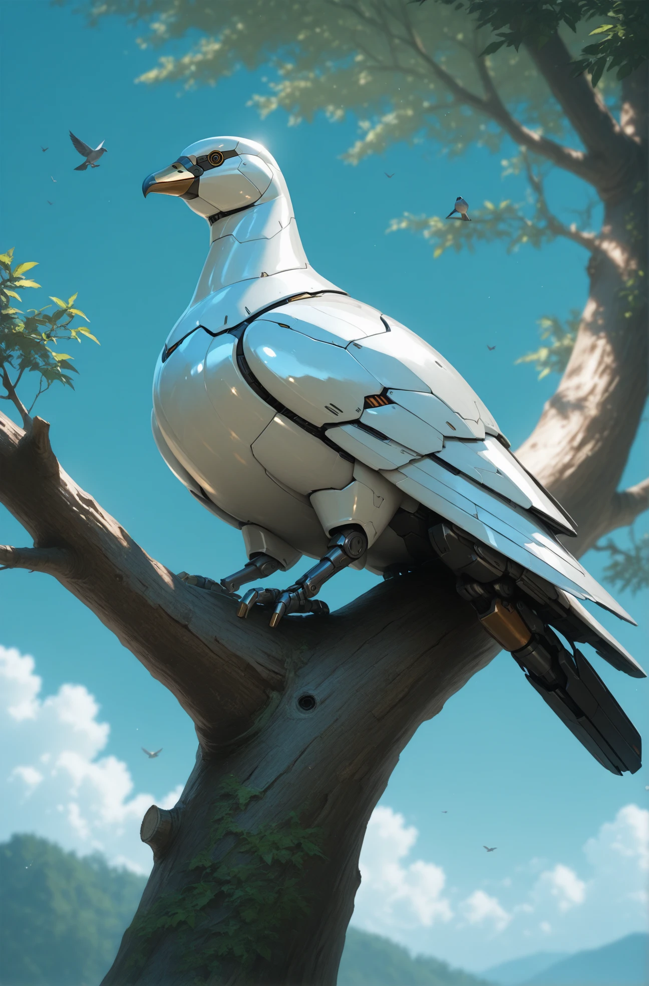 masterpiece, best quality, 2.5D, realistic 
 <lora:Animal Mecha [IL]:1> animalmecha, no humans, mecha, non-humanoid robot, shiny surface, pigeon, sitting on tree trunk,