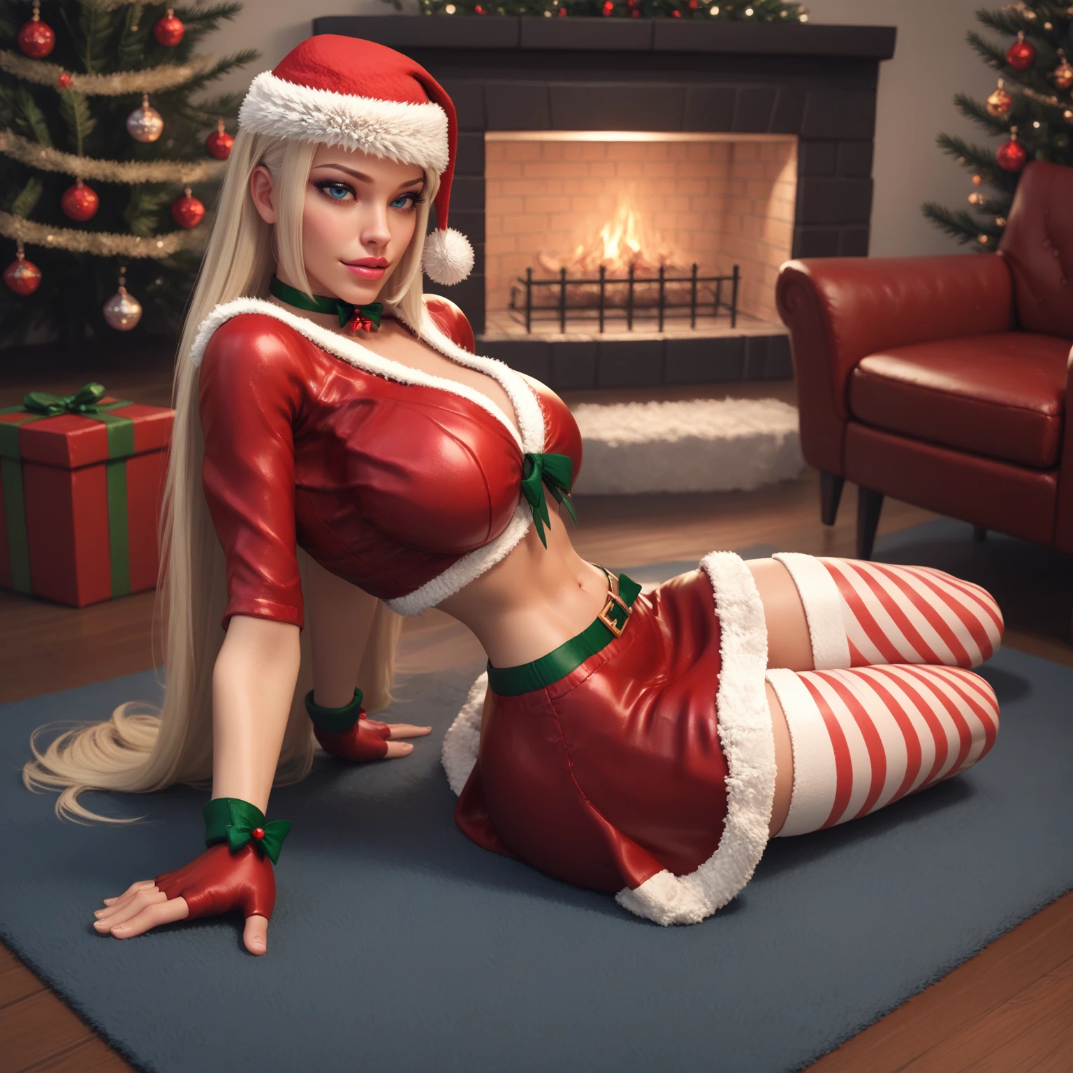 score_9, score_8_up, score_7_up,<lora:officialpit_v2-8:0.4>
living room,  christmas tree, fireplace
1girl, beautiful woman, , white blonde hair, long hair, , pink lipstick, makeup, black eyeshadow, eyeliner, blue eyes, naughty face,
sitting on carpet
<lora:Holiday_dress_01:0.6>vistrac020,   red fingerless gloves, red skirt,  striped thighhighs, santa hat, green choker, navel,