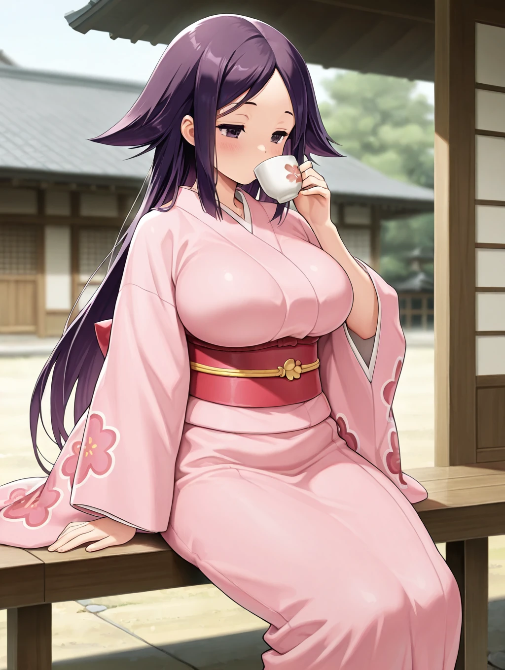 1girl, solo, Oharu, purple hair, long hair, purple eyes, large breasts, pink kimono, sash, wide sleeves,

standing, japanese village, sitting, drinking tea,

masterpiece, best quality,amazing quality, very aesthetic, absurdres, depth of field, blurry background, extremely detailed face, detailed eyes