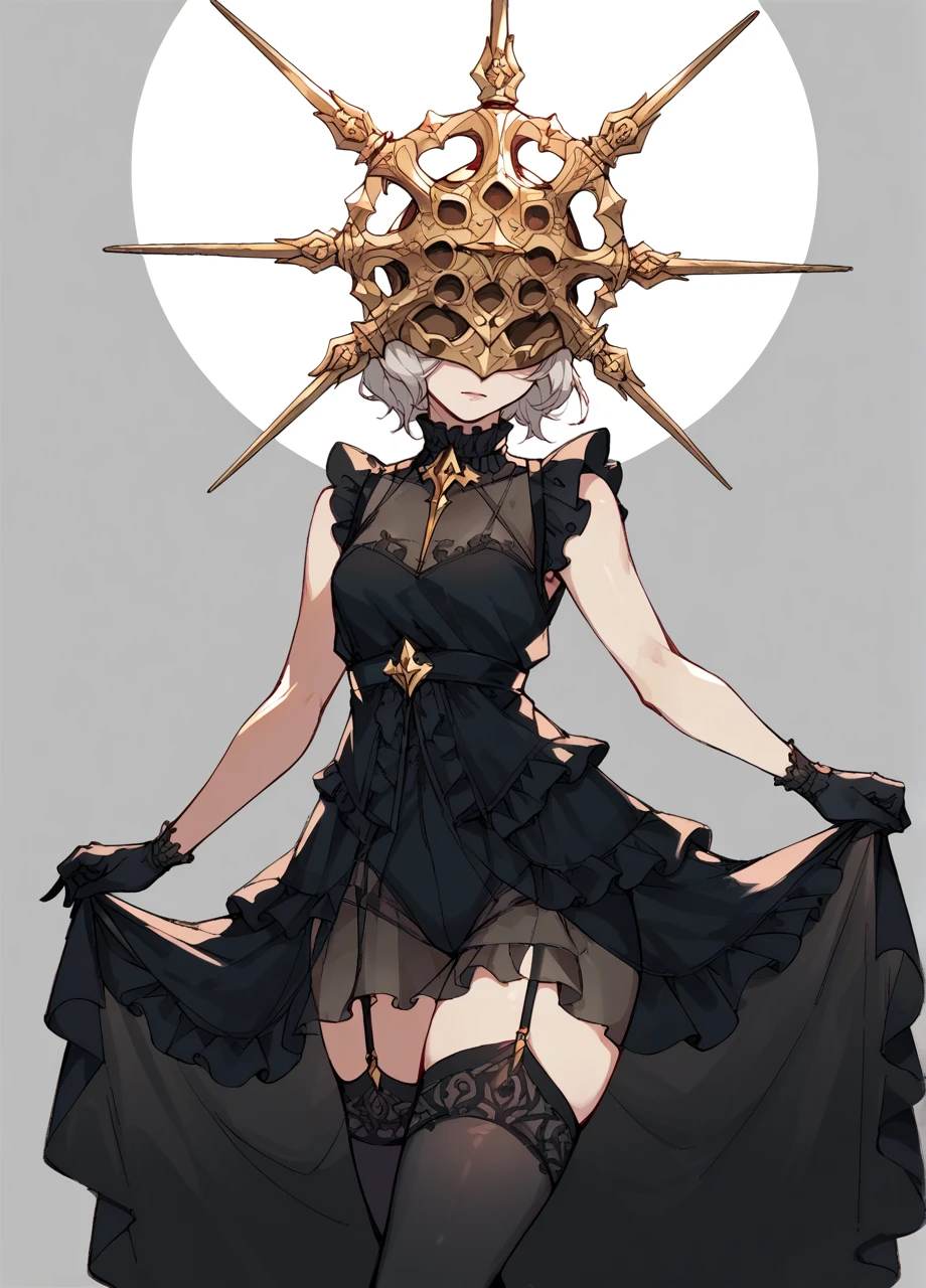 <lora:DS_Gwyndolin-PONY:0.7> dsgwyndolin, gold mask, covered eyes, black gloves, black dress, sleeveless, ruffled miniskirt, frilled choker, black thighhighs, garter straps, see-through, simple background, score_8_up, score_7_up, score_6_up, score_5_up, score_4_up,