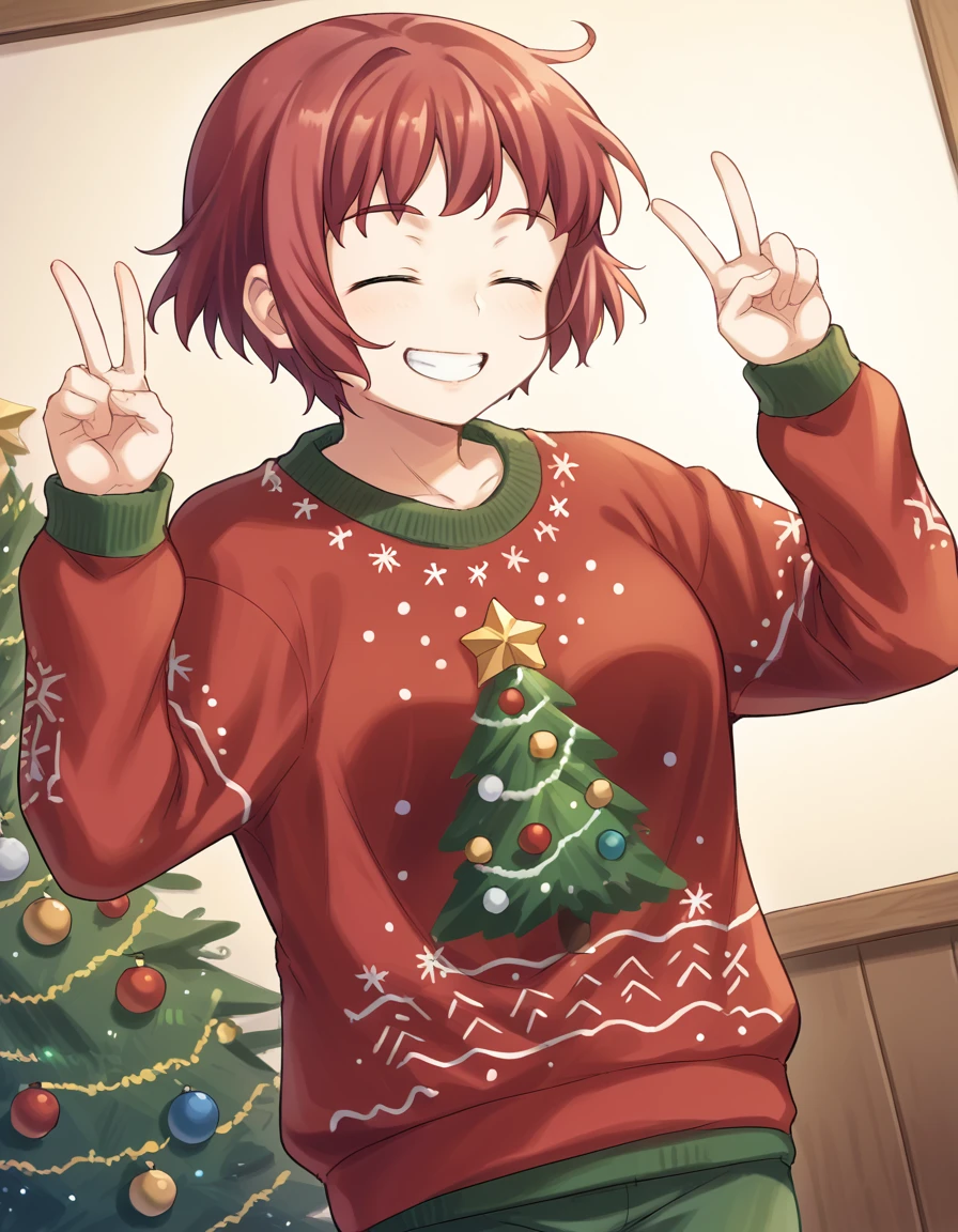 score_9, score_8_up, score_7_up, source_anime, <lora:rin-tezuka-ingame-ponyxl-lora-nochekaiser:1>, rin tezuka, short hair, green eyes, red hair, amputee,, <lora:christmas-sweater-ponyxl-lora-nochekaiser:1>, christmas sweater, christmas, ugly sweater, print sweater, red sweater, christmas tree, christmas ornaments, sweater, multicolored sweater, , v, smile, hands up, teeth, closed eyes, cowboy shot,, , dutch angle, cowboy shot