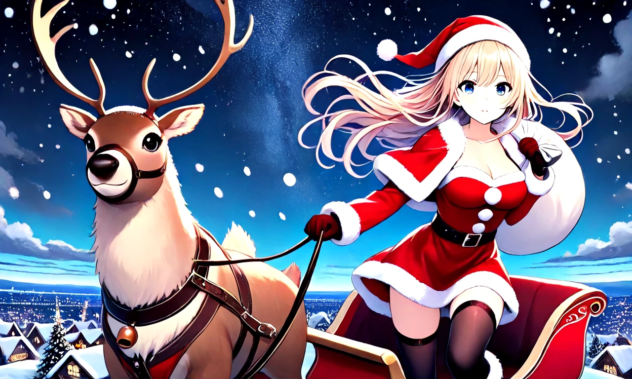 (((from below))), (((facing viewer))), masterpiece, best quality, face focus, reindeer, riding sleigh flying in the sky, gift sack, 1girl, blue eyes, floating hair, fur trim, red dress, santa hat, santa costume, cleavage, breasts, thighhighs, gloves, reins, wind, night, snowing, horizon, christmas, night sky, nordic architecture, from side, <lora:girllikereindeersleigh_ilxl:0.8>