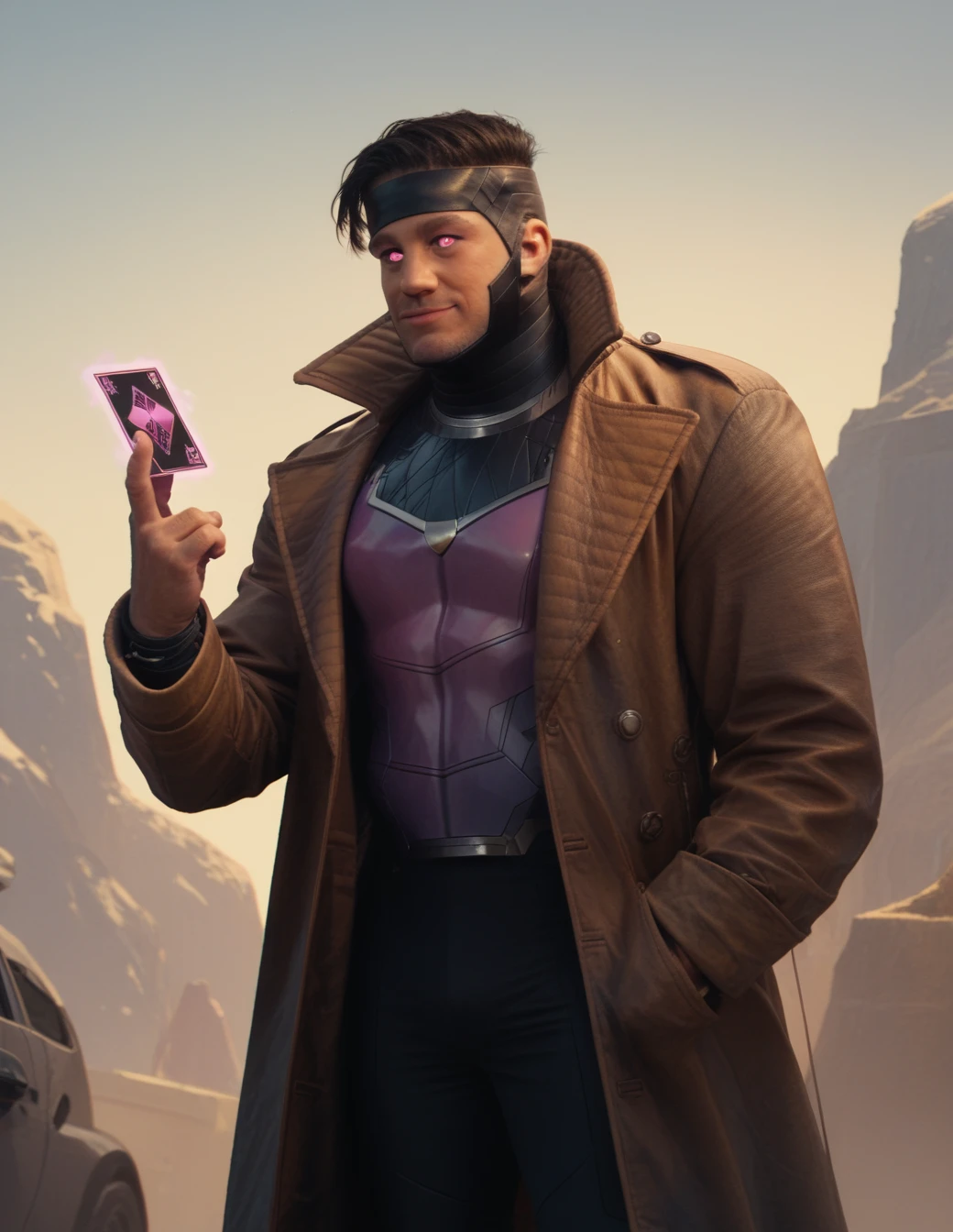 <lora:Gambit:1> gambit, male, coat, black hair, playing cards, headwear (Smile:0.5), pink eyes, black sclera, closed mouth, score_9, score_8_up, score_7_up, score_6_up, (ultra sharp focus)