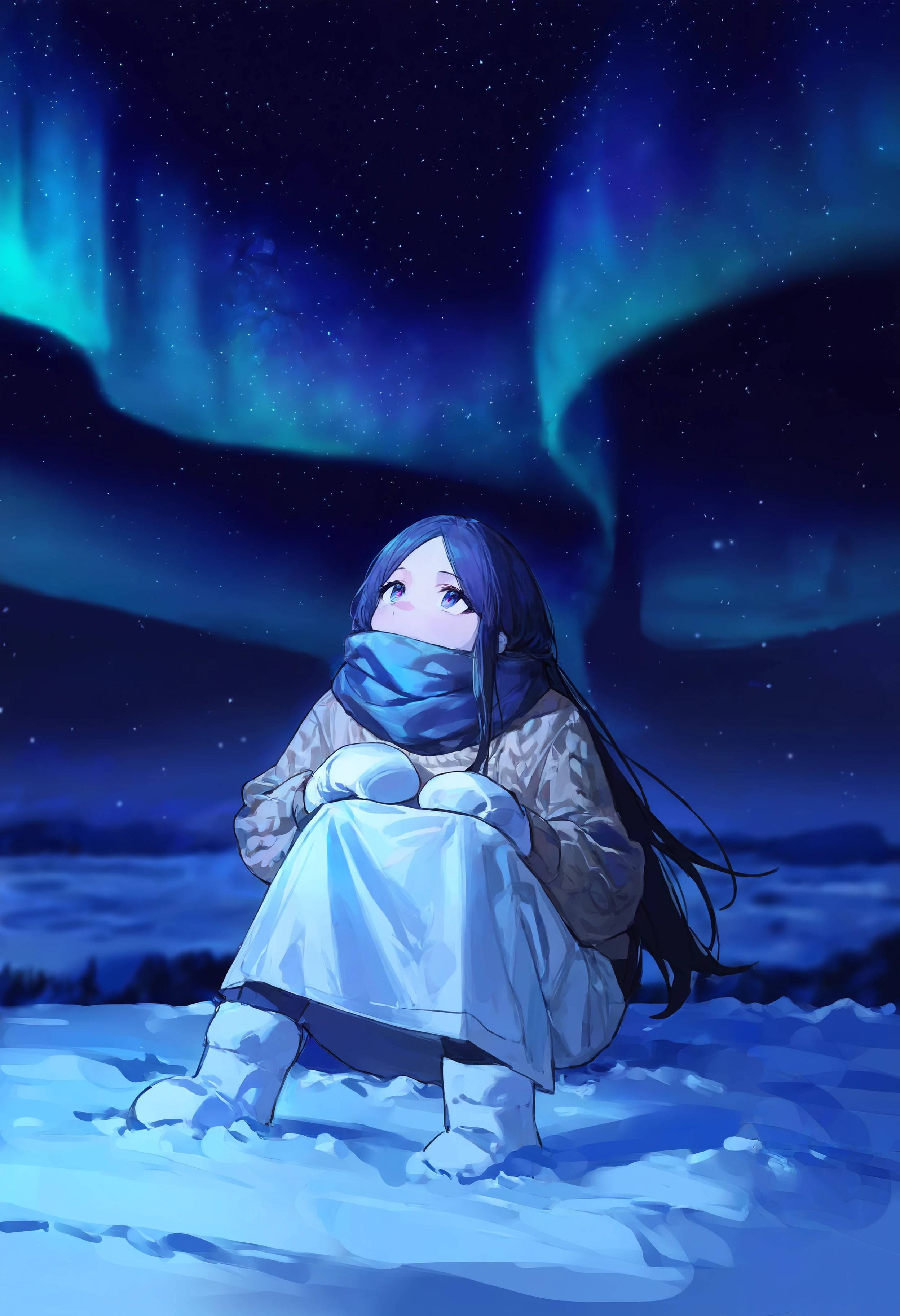 masterpiece, highres, absurdres, newest, very awa, aurora, blurry background, vanishing point, wide shot,   1girl, solo, parted bangs, long hair, aran sweater, scarf, long skirt, white skirt, white mittens,   covered mouth, sitting, knees together feet apart, hand on own knee, knees to chest, looking up,   night, snow, sky, star (sky),   <lora:spo_sdxl_10ep_4k-data_lora_webui>,  <lora:NOOB_EPSv1_1_detailer_by_vlnvk_v1_0:0.5>, <lora:illustrious_noobai_epsilon_pred_1_best_quality_v1:0.8>, <lora:walkingboring:0.8>