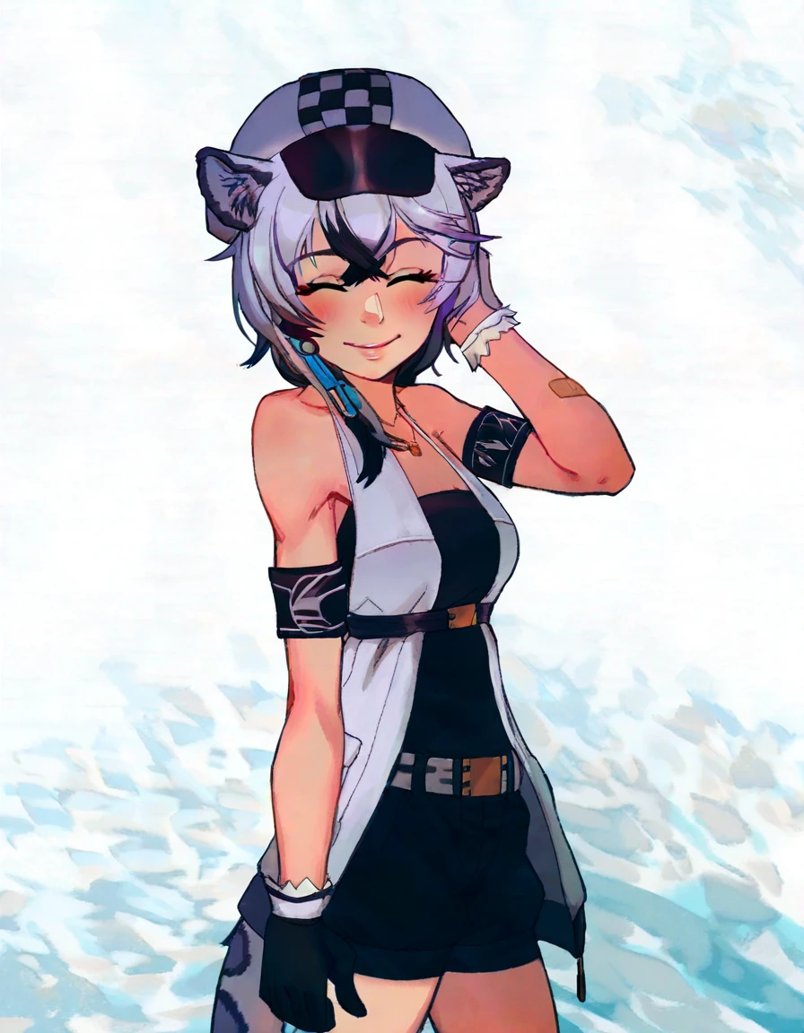 score_9, score_8_up, source_anime, masterpiece, best quality, amazing quality, very aesthetic, absurdres, newest, scenery, volumetric lighting, source_anime, vibrant colors, arknights, ensia silverash, highres, 1girl, :d, ^_^, animal ear fluff, animal ears, arm up, armband, bandaid, bandaid on arm, bare shoulders, black hair, black shorts, blush, breasts, cabbie hat, checkered clothes, checkered headwear, closed eyes, facing viewer, grey hair, hair between eyes, hand on headwear, hat, jacket, multicolored hair, shorts, simple background, sleeveless, sleeveless jacket, small breasts, smile, snow leopard ears, snow leopard girl, snow leopard tail, solo, streaked hair, tail, white background, white hat, white jacket BREAK <lora:incase_style_v3-1_ponyxl_ilff>, <lora:Ensia_Silverash>