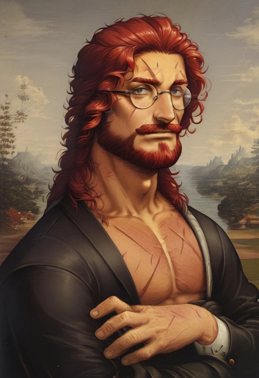LeonardoDaVinciStyle-IL.V1.0, oil painting, fine art, classic art, masterpiece, best quality, 1boy, glasses, red hair, suit, round glasses, beard, facial hair, mustache, scar, scars on face