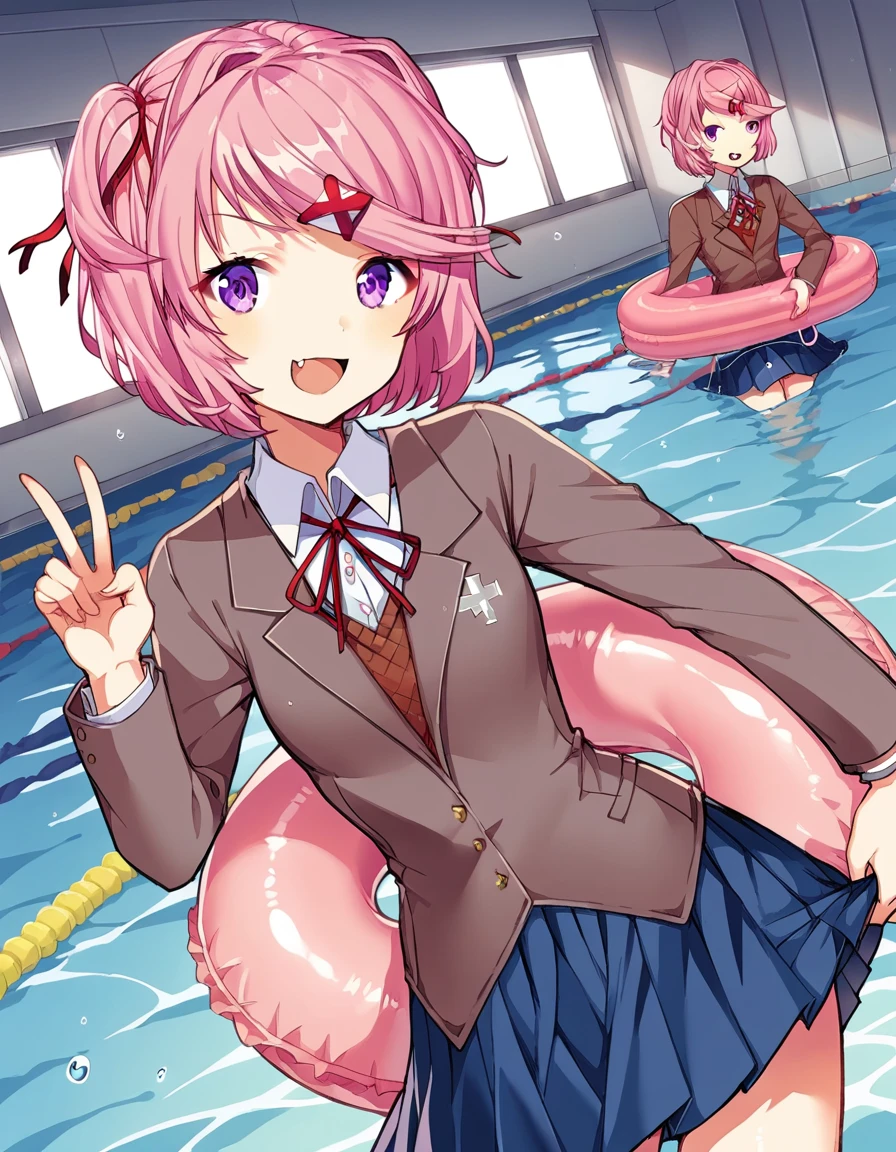 score_9, score_8_up, score_7_up, source_anime, <lora:ddlc-natsuki-ingame-ponyxl-lora-nochekaiser:1>, natsuki, fang, hair ornament, pink hair, purple eyes, short hair, short sidetail, swept bangs, x hair ornament,, blazer, blue skirt, brown jacket, collared shirt, jacket, long sleeves, miniskirt, neck ribbon, pleated skirt, red ribbon, ribbon, school uniform, shirt, skirt, swept bangs, vest, white shirt, wing collar,, pool, water, lifeguard, swim lane, float, , v,, looking at viewer, solo,, dutch angle, cowboy shot