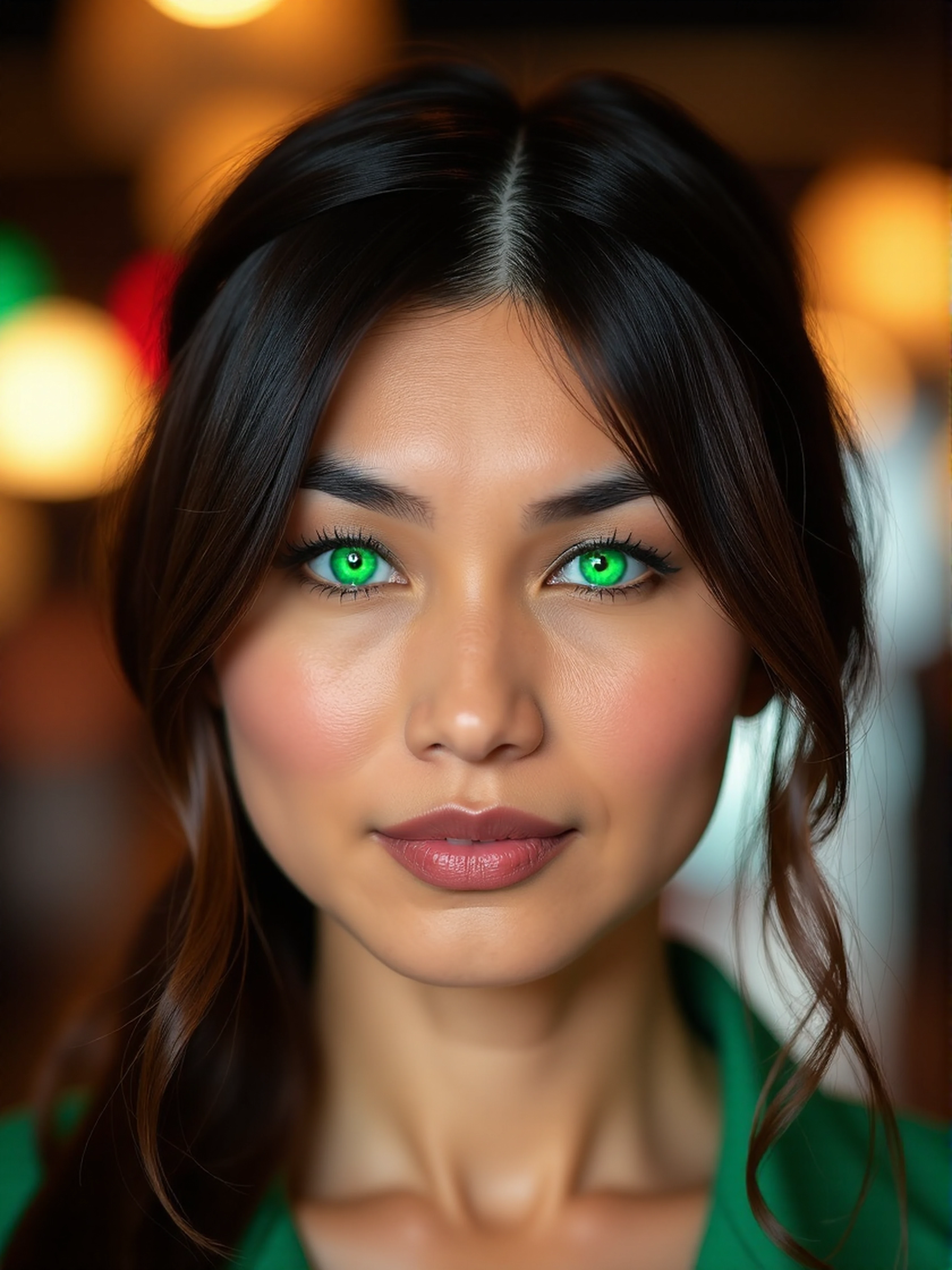 lifestyle capture of <lora:Gemma_Chan_2015s:1> woman, bright glowing emerald green eyes, looking directly at the viewer, looking directly at the camera, making eye contact, looking straight ahead. 50mm lens, f/2.8, candid, vibrant colors