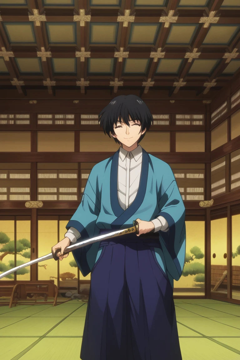 score_9, score_8_up, score_7_up, score_6_up, score_5_up,score_4_up, 
masterpiece, best quality, amazing quality, very aesthetic, absurdres, newest, official art, 
sojirou seta, black hair, blue eyes, japanese clothes, blue kimono, white shirt, weapon, 1boy, sword, male focus, solo, katana, hakama, haori, holding weapon, holding, hakama skirt, holding sword, kimono, smile, skirt, indoors, sheath, shinsengumi, closed eyes, shirt, tree