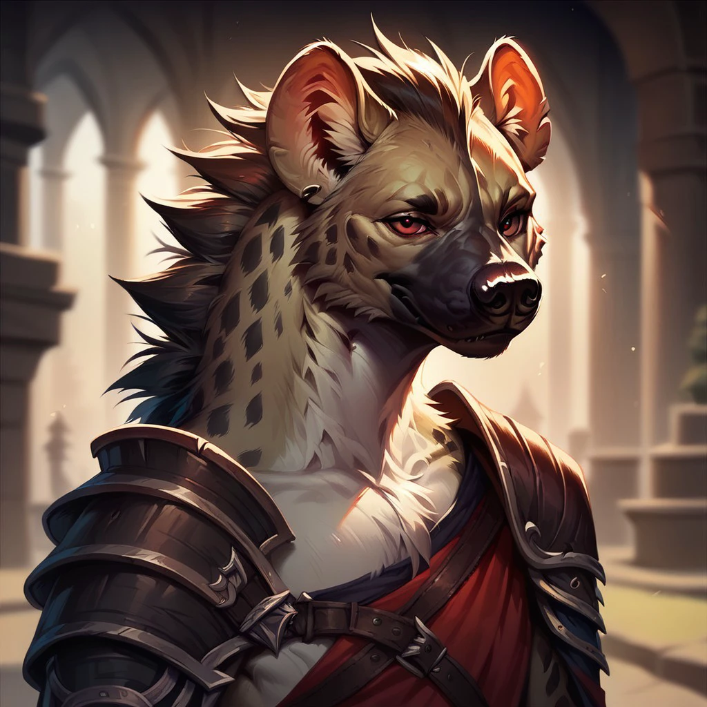 (((detailed, beautiful, high quality))), score_9, score_8_up, score_7_up, 
(depth of field, dynamic lighting),
gnoll, furry hyena,
1 male, red eyes, black shoulder pad, shoulder strap,
looking at the viewer, posing, 
blurred background, fantasy background, shroud background,