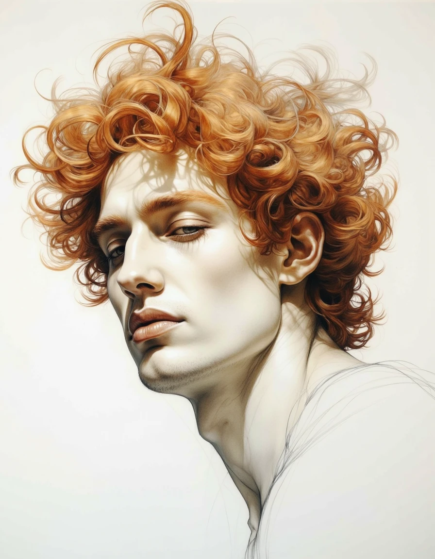 Portrait by Dorota Pietrowiak. This is a highly detailed, realistic drawing created using a combination of pencil and digital techniques. The artwork depicts a serene, androgynous face with a subtle, almost ethereal quality. The subject has porcelain skin and striking, voluminous, curly, fiery red hair that cascades down their shoulders. The hair appears to have a natural, tousled texture, with individual strands meticulously rendered. <lora:Dorota_Pietrowiak:0.8>