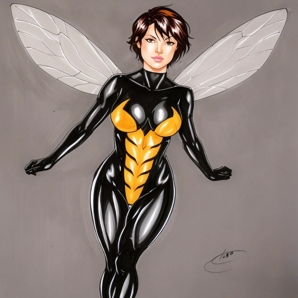 <lora:carlatorres_pony_v2:1> score_9, carlatorres_style, carlatorres, source_artwork, traditional media, marker (medium)    <lora:wasp_pony_v1:0.8> waspjanet, 1girl, short hair, insect wings, bodysuit, medium breasts, brown hair, brown eyes, lips