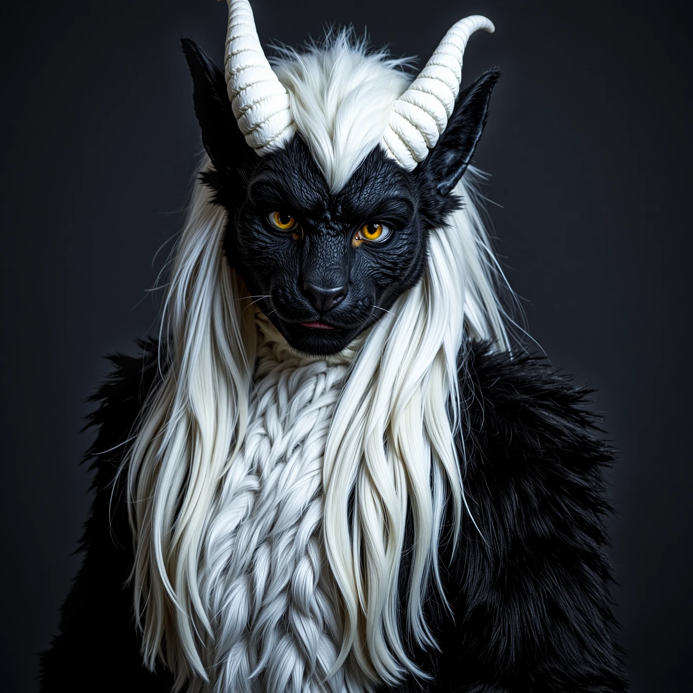 fursuit, furry focus, furry style, furry costume, anthropomorphic, anthro, fluffy body, furry, fur body, black fur, yellow eyes, white hair, white horns, dragon