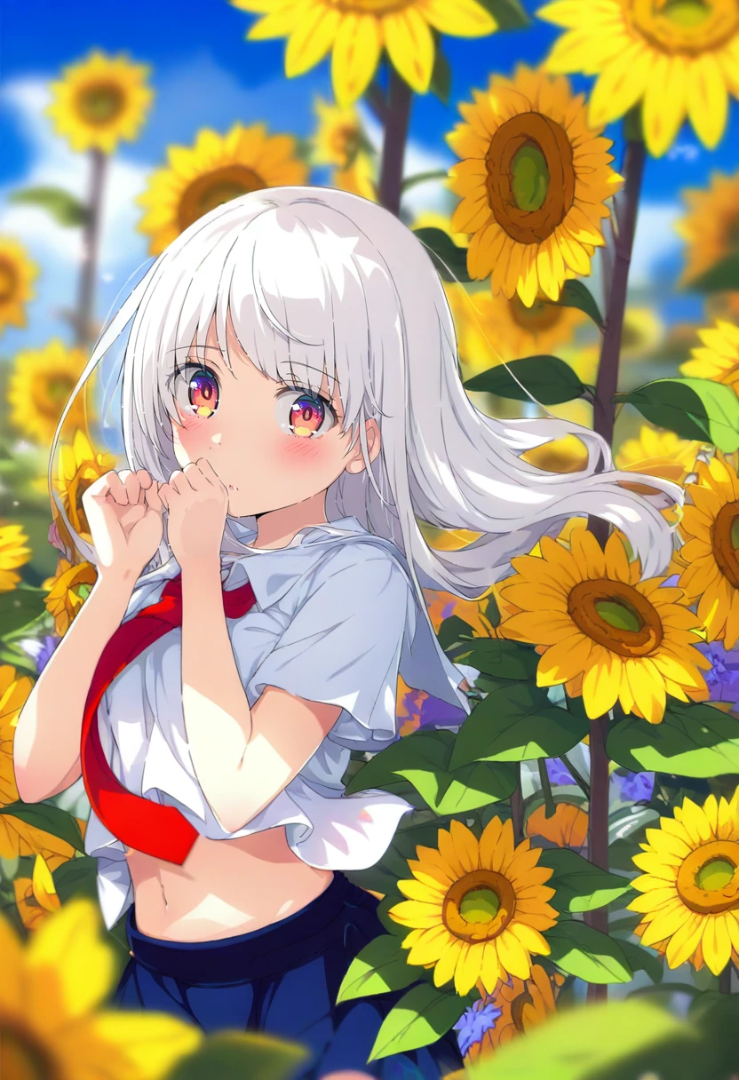 1girl, flower, solo, sunflower, skirt, yellow flower, looking at viewer, white shirt, shirt, navel, short sleeves, blush, multicolored eyes, school uniform, white hair, long hair, pleated skirt, bangs, outdoors, red eyes, necktie, blue skirt, red necktie, floating hair, blurry, midriff, orange flower <lora:ogipoteXL_il_lokr_V5311P:0.95>