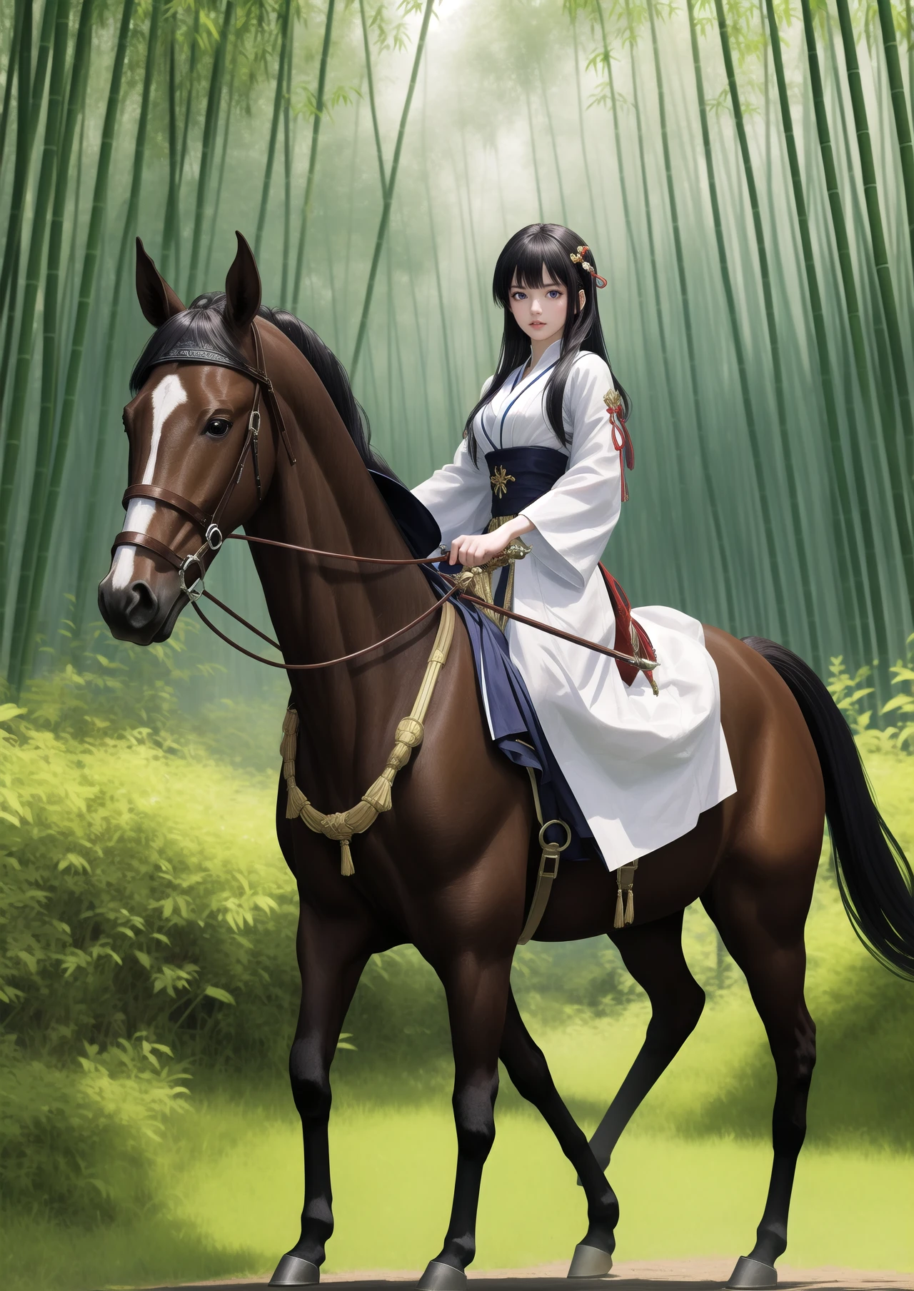 Masterpiece,best quality,(Highest picture quality),(Master's work),(ultra-detailed),{top quality},1girl,dress,Bamboo forest,horse,sword,battle,yaguru magiku,