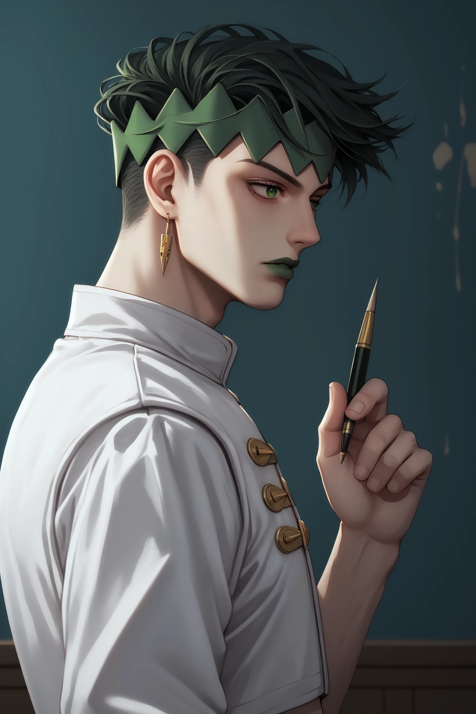 score_9, score_8_up, score_7_up, masterpiece, 4k, high quality, solo, best quality, 1boy, imtdrohank. from side, upper body, eye focus, close up, amazing and artistic portrait, looking side, holding pen, jewelry, earrings, headband, green eyes, black hair, green hair, midriff, green lips, lipstick, belt, crop top, undercut, white pants, fit body, artistic room, room full of pictures and paintings, wall stained with paint, dirty and messy room
