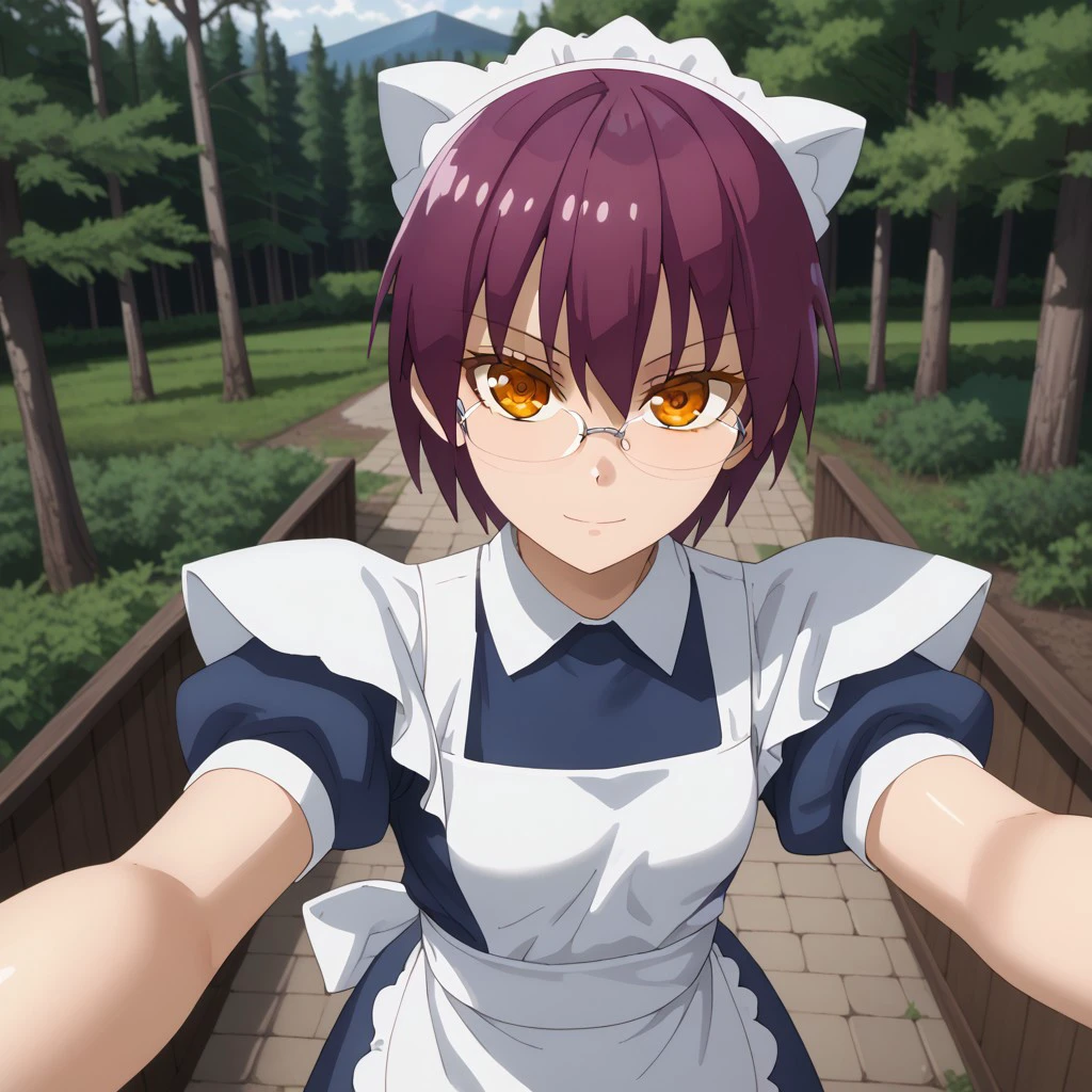 best quality, masterpiece, break, solo, aurora_tk, purple hair, short hair, maid headdress, glasses, orange eyes, maid outfit, apron, selfie, from above, forest