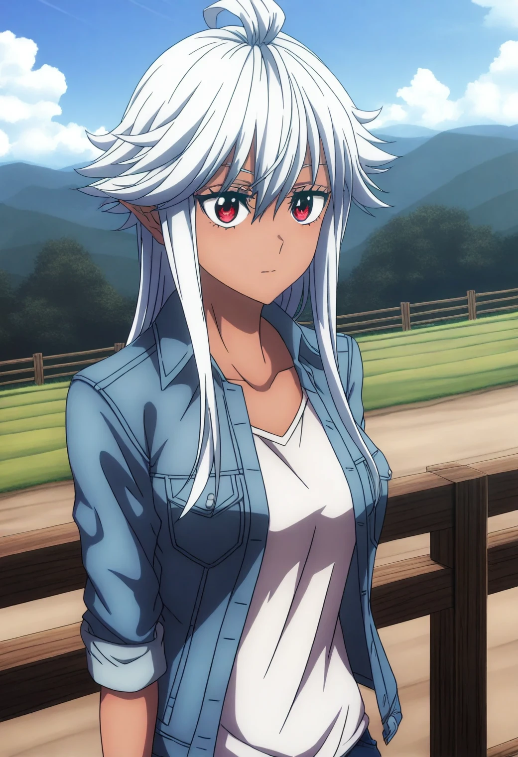 <lora:Reanette Elfelt - [Shinmai Ossan Boukensha] - illustriousXL v1:1>, sysdeep_reanette, white hair, red eyes, solo, Country road, denim jacket, standing by a wooden fence, relaxed expression