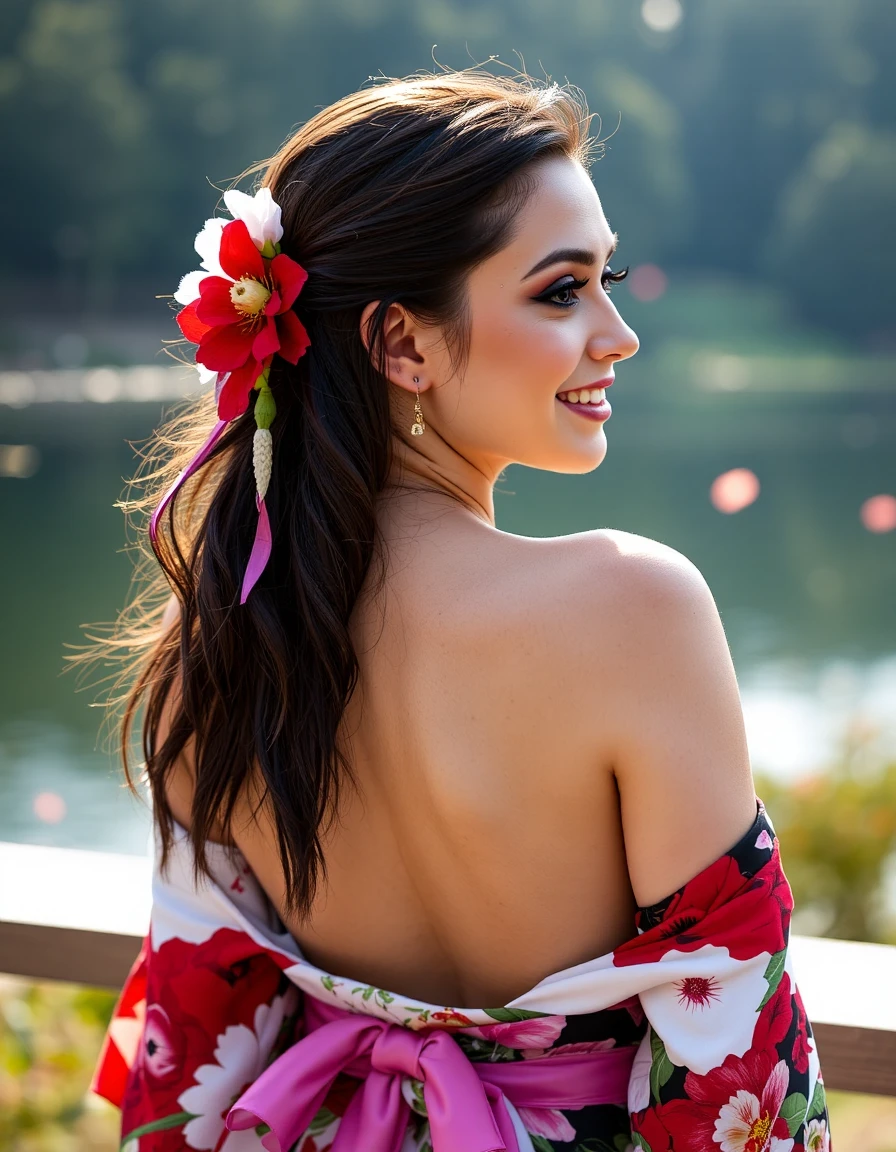 Japanese woman, floral kimono, exposed shoulders, from behind, beautiful face, thick eyelashes, glossy eyes, black hair, (cute smile), dark eyeshadow, shoulders tattoos, back tattoos, floral decoration in hair, falling petals, beautifully backlit, wideshot, lake background,photo, raw,realistic