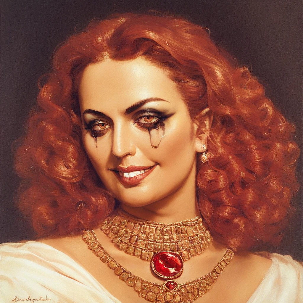 score_9, score_8_up, score_7_up, portrait, beautiful, Janmatejko. Janmatejkostyle. Janmatejkooil. oil painting. classic art. <lora:JanMatejko:1> Elf, goth, goth makeup, seductive, seductive smile, long red wavy hair, red hair, smug, grin, mascara, eyeshadow, heavy makeup, mature, mature woman, royal, regal, elegant, jewels, jewelry, ruby jewelry. ruby, ruby neckless, golden eyes, latina, latina skin, latina woman