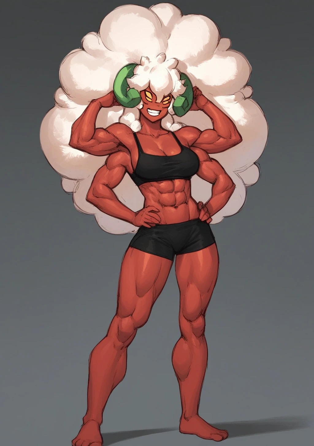 score_9, score_8_up, score_7_up, score_6_up, score_5_up, score_4_up, masterpiece, high quality, BREAK, full body, BREAK, 1girl, <lora:Tetramand_Ben10_Pony_XL:0.8> red skin, muscular, 4arms, multiple arms, multiple eyes, 4eyes, ben10, large, alien, colored skin, <lora:Whimsicott-:0.6> Whimsicott, pokemon, creature, girl, 1girl, lots of hair, excessive hair, white hair, tanned, ram horns, green horns,