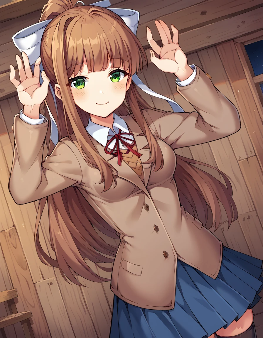 score_9, score_8_up, score_7_up, source_anime, <lora:ddlc-monika-ingame-ponyxl-lora-nochekaiser:1>, monika, blunt bangs, brown hair, green eyes, long hair, ponytail, ribbon, white ribbon, hair ribbon, sidelocks, medium breasts,, black thighhighs, blue skirt, brown jacket, jacket, long sleeves, over-kneehighs, pleated skirt, school uniform, skirt, thighhighs, zettai ryouiki,, hut, small, rural, wood, shelter, smile, <lora:rabbit-pose-ponyxl-lora-nochekaiser:1>, rabbit pose, smile, blush,, looking at viewer, solo,, dutch angle, cowboy shot