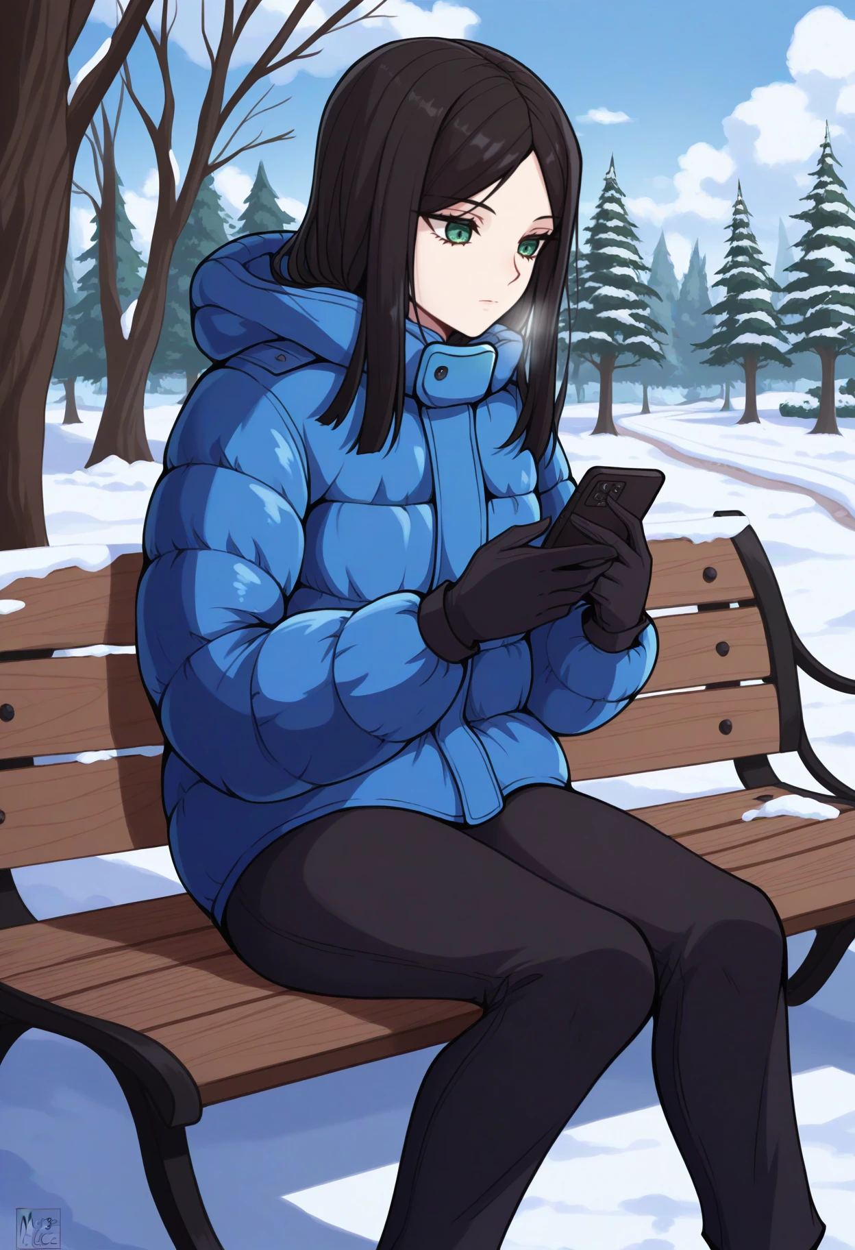 masterpiece, best quality, solo, 1girl, mcgeealice, expressionless, looking at phone, sitting, park bench, holding phone, blue jacket, down jacket, long sleeves, black gloves, black pants, outdoors, blue sky, cloud, snow, nature, path, tree
<segment:yolo-face_yolov8m.pt,0.4,0.5//cid=1>