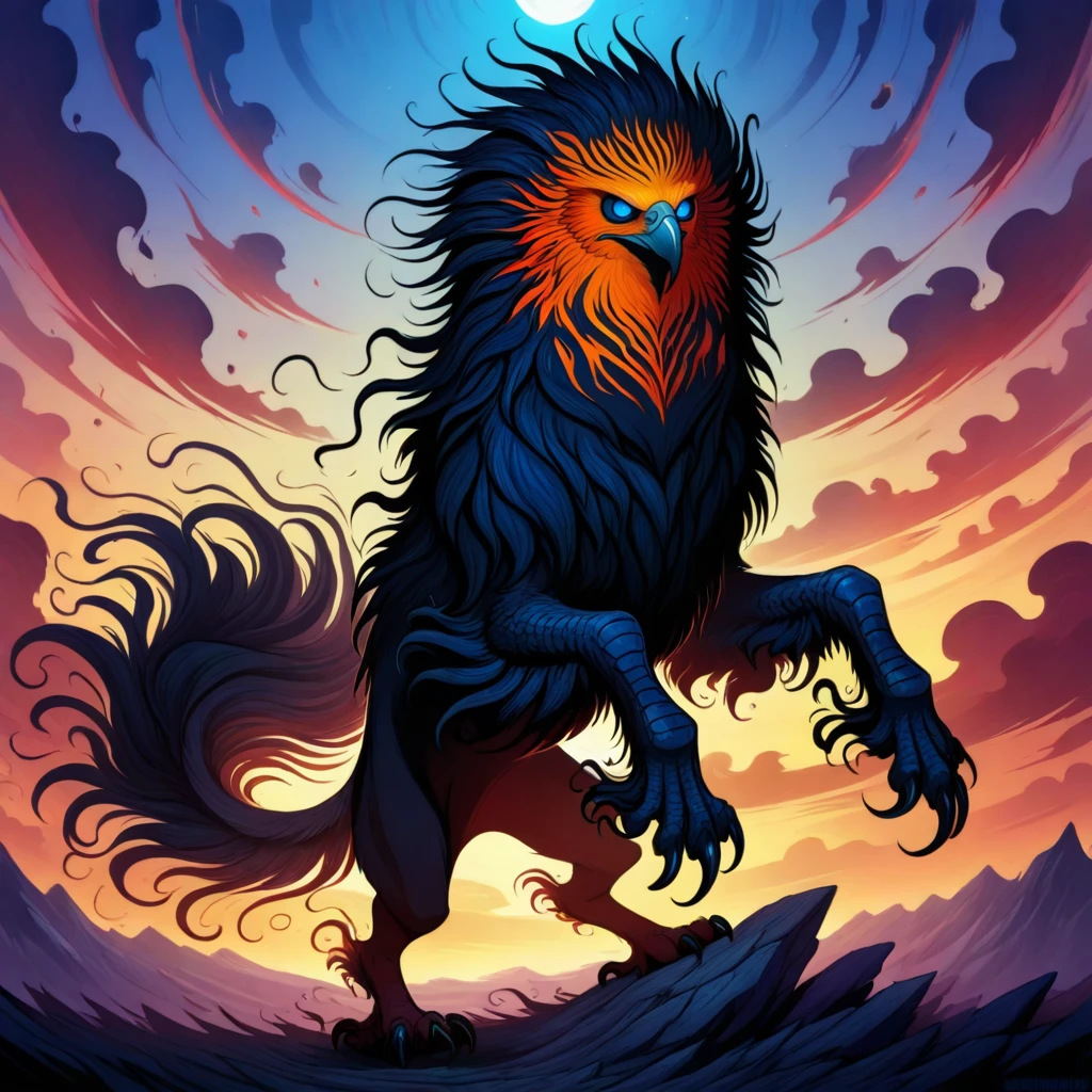 Horror-themed  <lora:hippogriffs, griffs - illustrious:1> hippogriffs, dark fantasy, dark art painting, majestic hippogriff, eagle-like head with golden feathers, powerful horse body with glossy black fur, perched on a jagged mountain ridge, soft pink and orange hues of dawn, clouds drifting below, backlighting creating a radiant silhouette, wide-angle shot, serene fantasy atmosphere . Eerie, unsettling, dark, spooky, suspenseful, grim, highly detailed