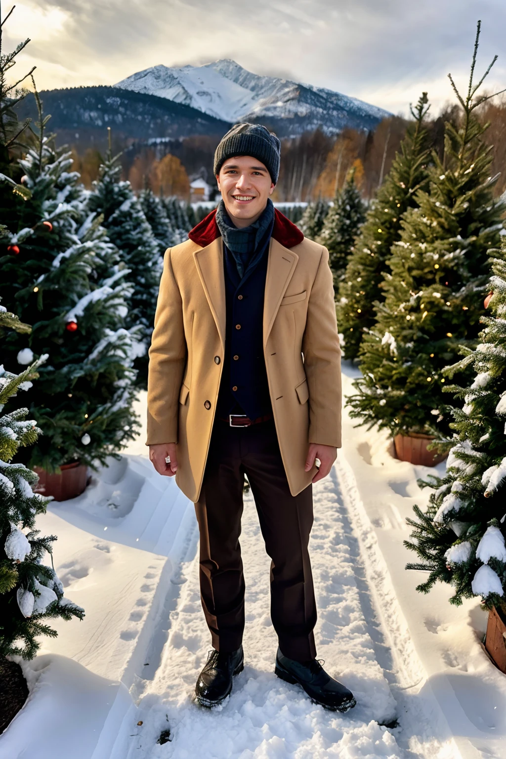 Christmas tree farm, buying a tree, standing, smiling, MaverickSun, winter clothes, coat, pants, beanie hat, ((full body portrait)), wide angle  <lora:MaverickSun:0.8>