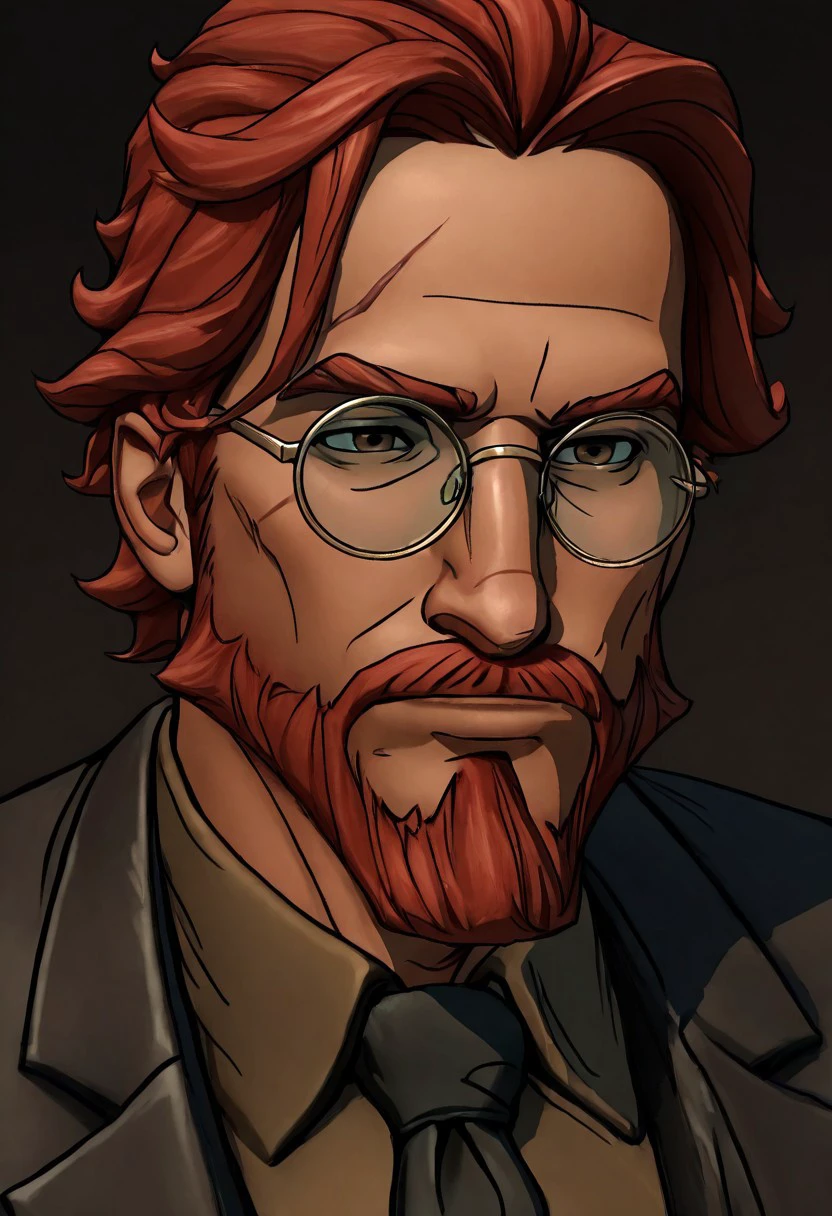 WolfAmongUSStyle-IL.V1.0, best quality, masterpiece, 1boy, glasses, red hair, suit, round glasses, beard, facial hair, mustache, scar, scars on face