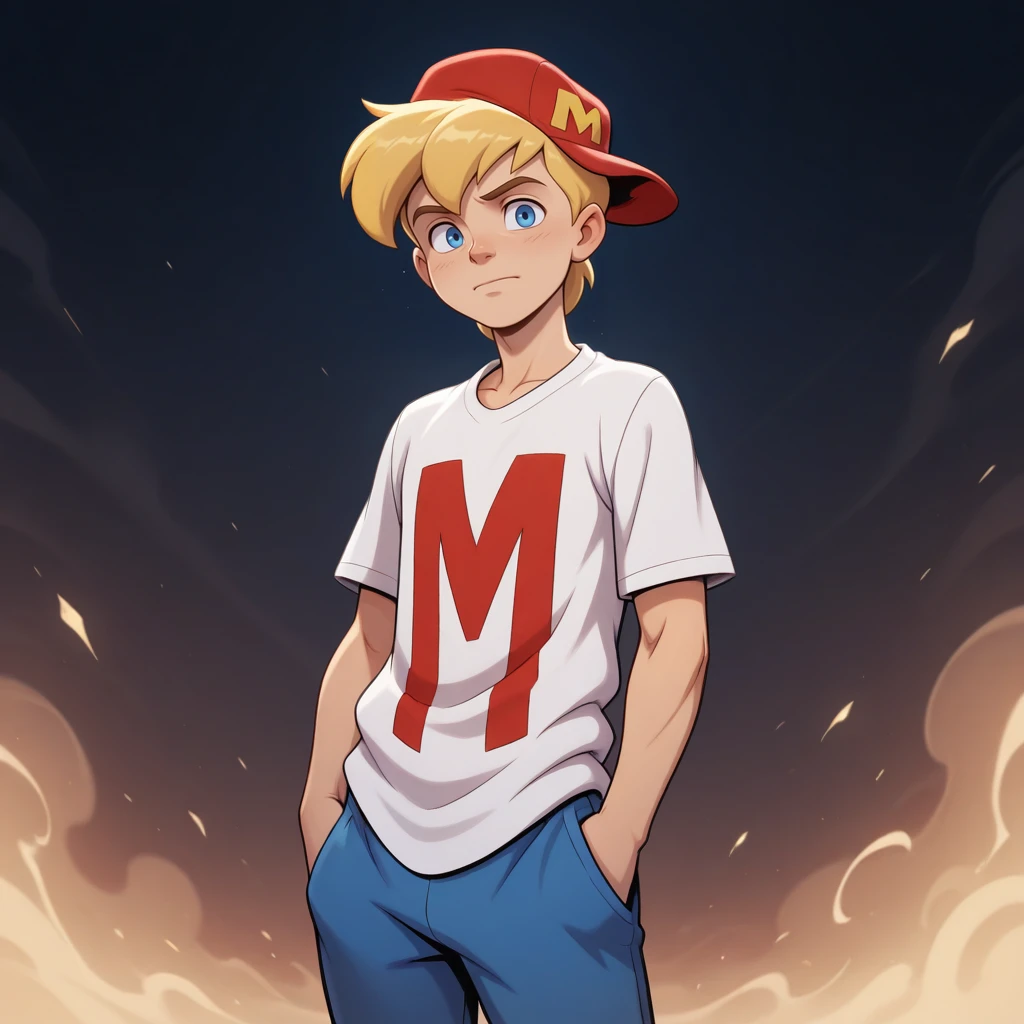 masterpiece, best quality, MightyMax, 1boy, solo, blonde hair, blue eyes, red hat, shirt, blue pants, cowboy shot,  <lora:MAX_MightyMax_illustrious_Leaf3:0.8>