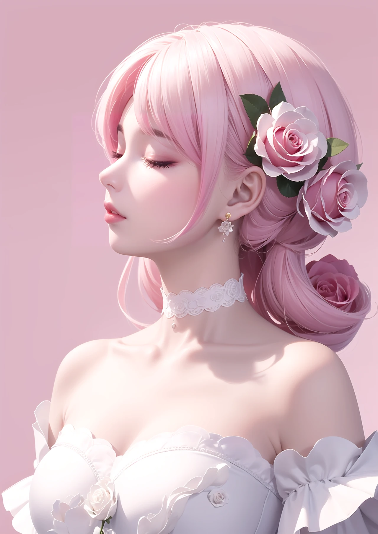 (masterpiece, best quality),pink rose background,profile,close shot,himenoa,:3,white choker,closed eyes,flower,white dress,bare_shoulders,collarbone,earrings,jewelry,(flower, rose:1.5),hair behind ear,facing_away,