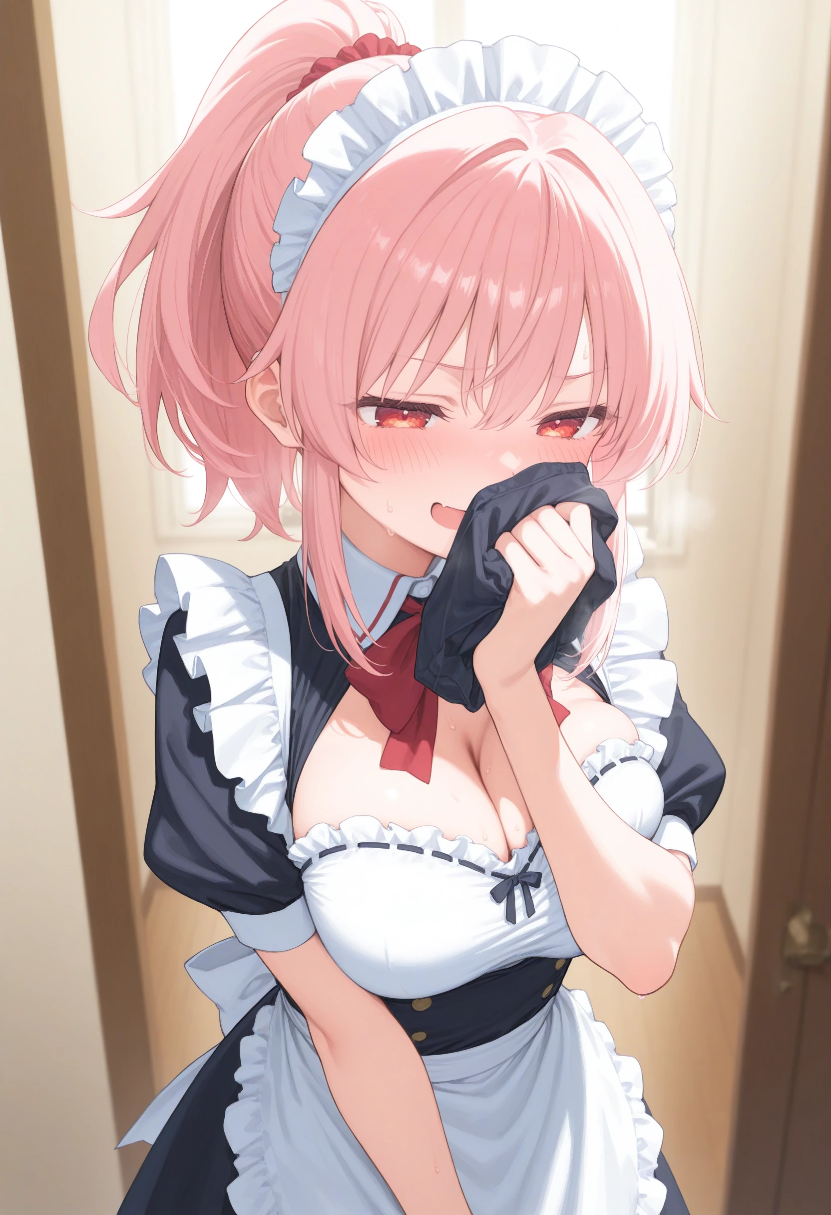 1girl,(sho \(sho lwlw\):0.7),(toosaka asagi:0.5),(sincos:0.3),solo,
masterpiece, best quality, newest, absurdres, CG, anime, source anime, illustration,
maid, maid headdress,medium breasts,
kunka, blush, smelling clothes, smelling, covering mouth, hand to own mouth, indoors,  <lora:kunka_Illust_v1:0.8>
from behind, panorama shot, looking up, pink hair, red eyes,smirk, open mouth, high ponytail hair,