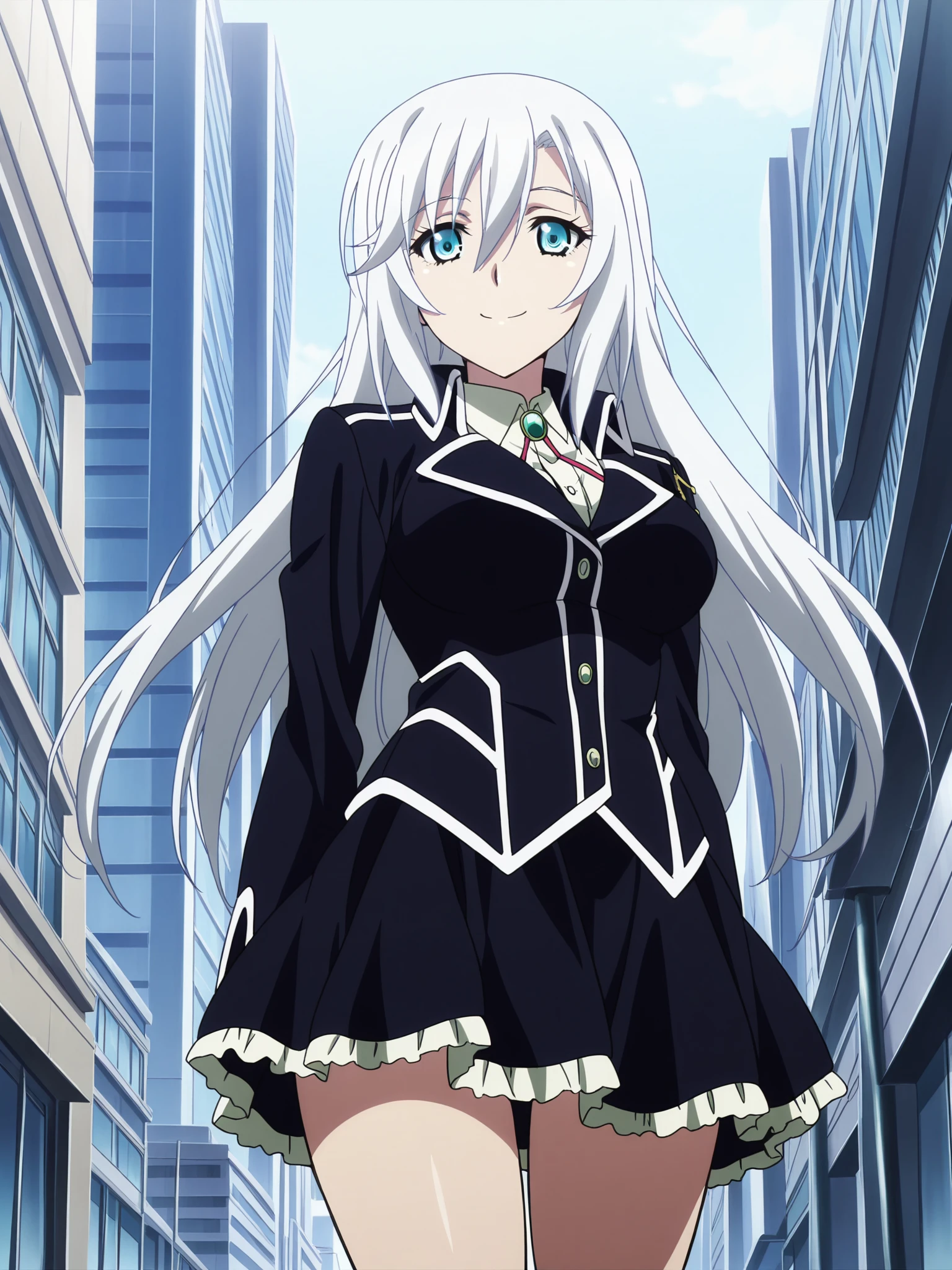 anime coloring, anime screencap, masterpiece, detailed face,
 <lora:La_Folia_Rihavein_Strike_the_Blood_-_Illustrious:.7>1girl, girl is 18 years old, solo, long hair, white hair, hair between eyes, blue eyes, eyelashes, large breasts, La Folia uniform outfit,  school uniform, skirt, white shirt, black jacket,
outside in a city, happy girl, looking at the viewer, directly facing the viewer, mouth open, smiling, (cowboy shot), low angle